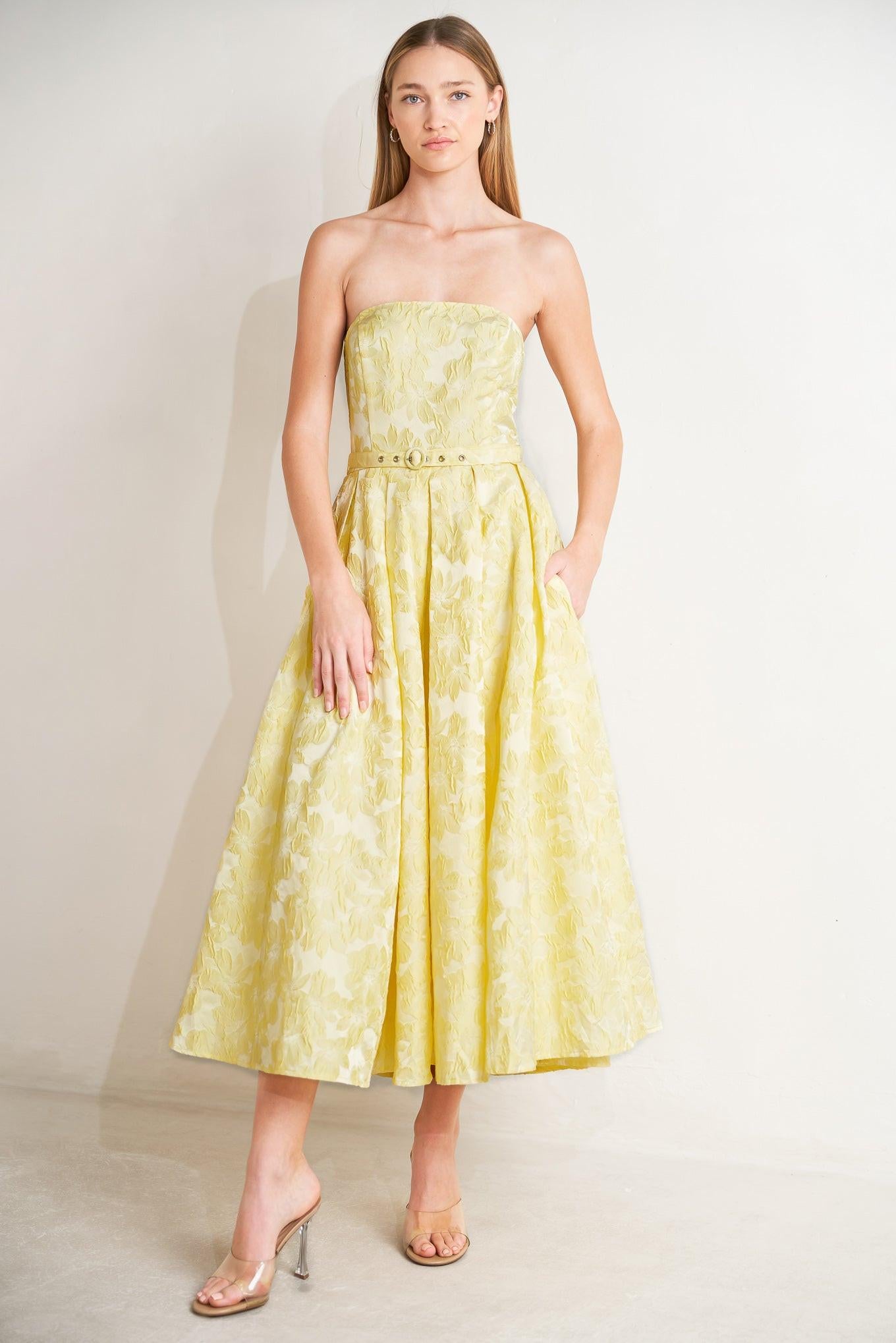 BUTTERCUP BLOOM WOVEN MIDI DRESS.