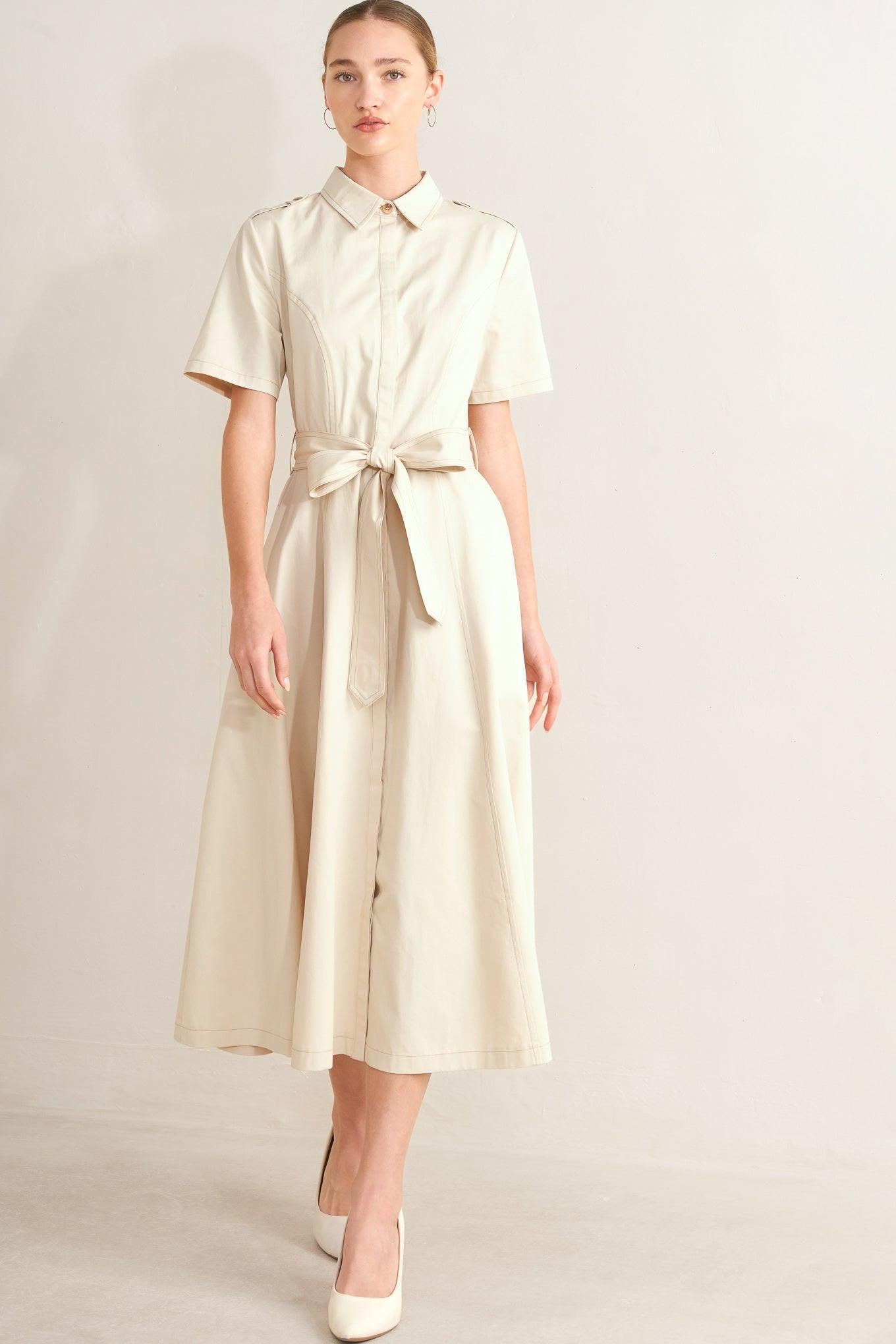 SANDSTONE GRACE WOVEN MIDI SHIRT DRESS.