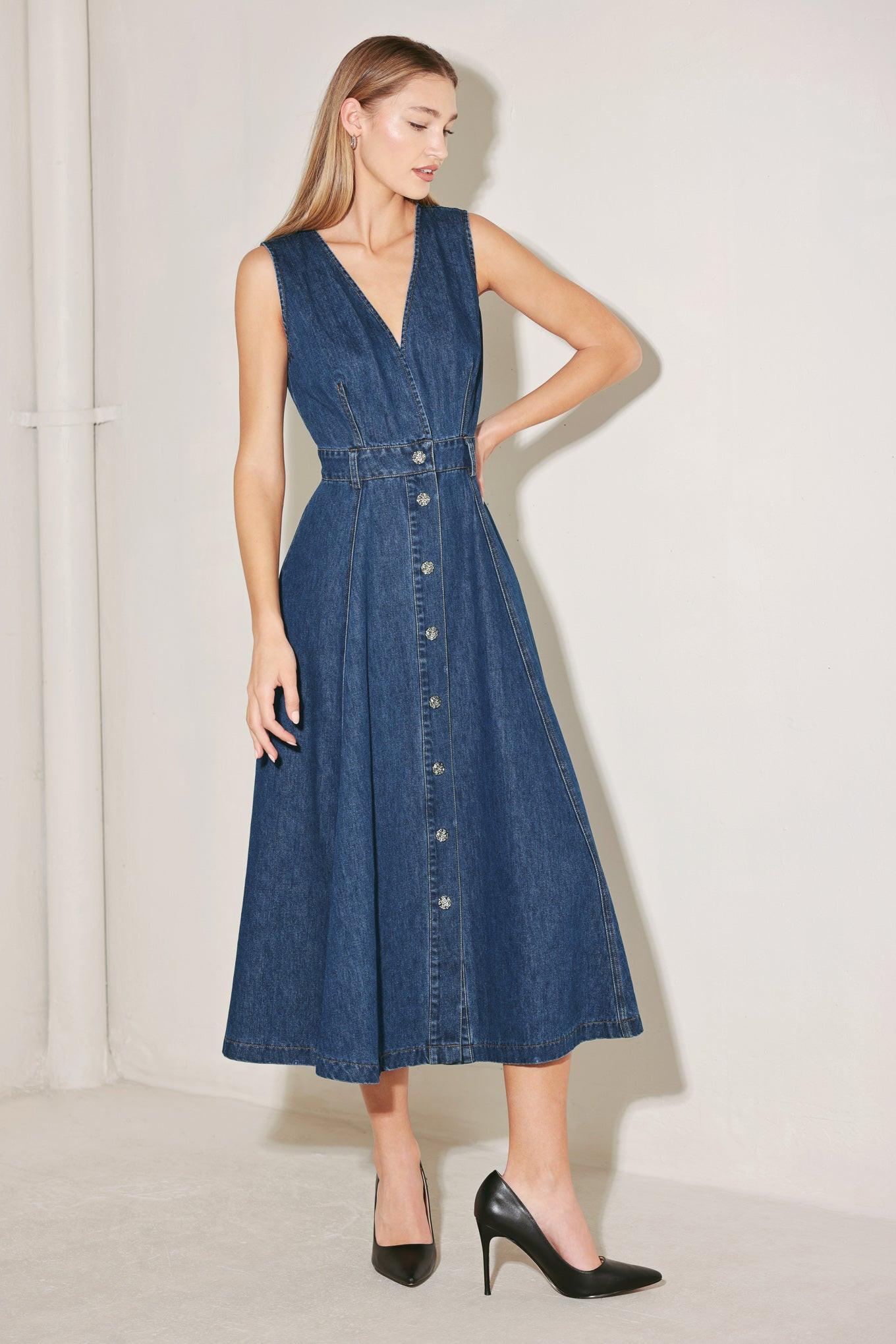 PARIS IN DENIM MIDI DRESS.