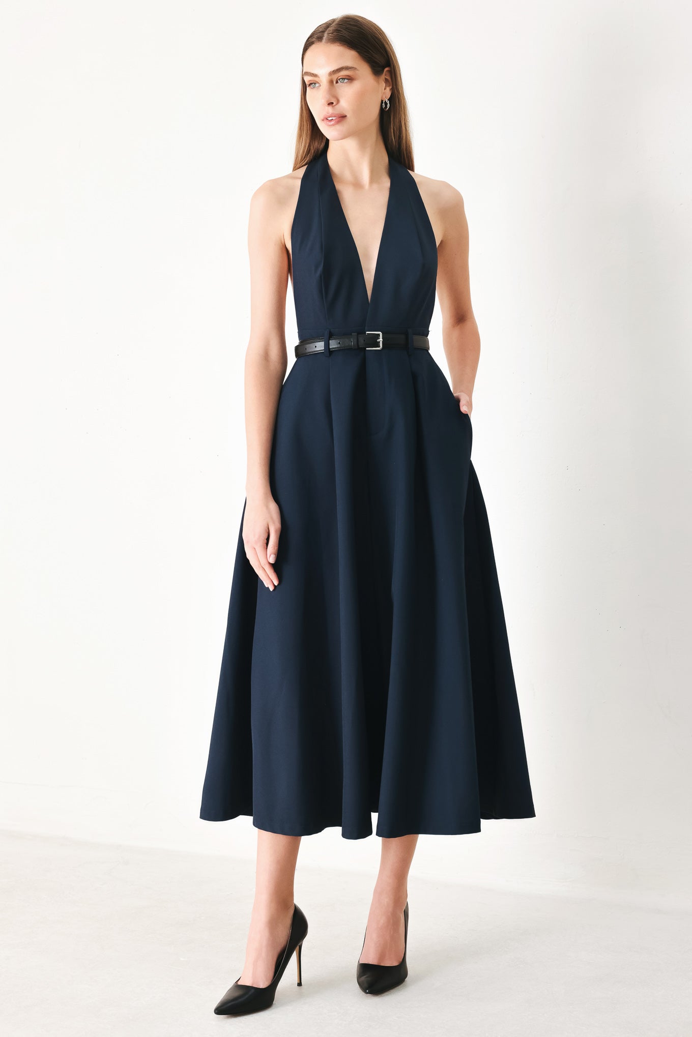 MIDNIGHT FORM WOVEN MIDI DRESS.
