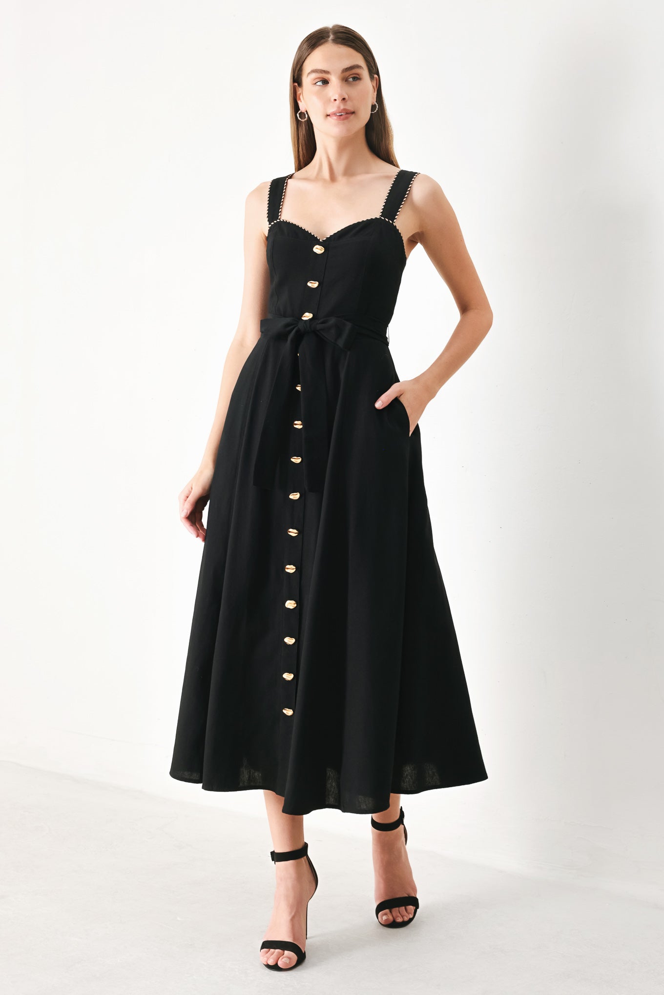 LOVELY NOIR WOVEN MIDI DRESS.