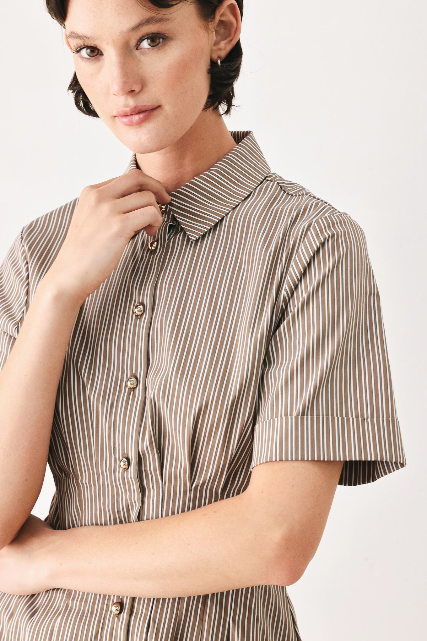 Woman wearing a multi colored taupe short sleeve striped woven mini dress with front button closure, corset waist and circle skirt | FREEMARKET
