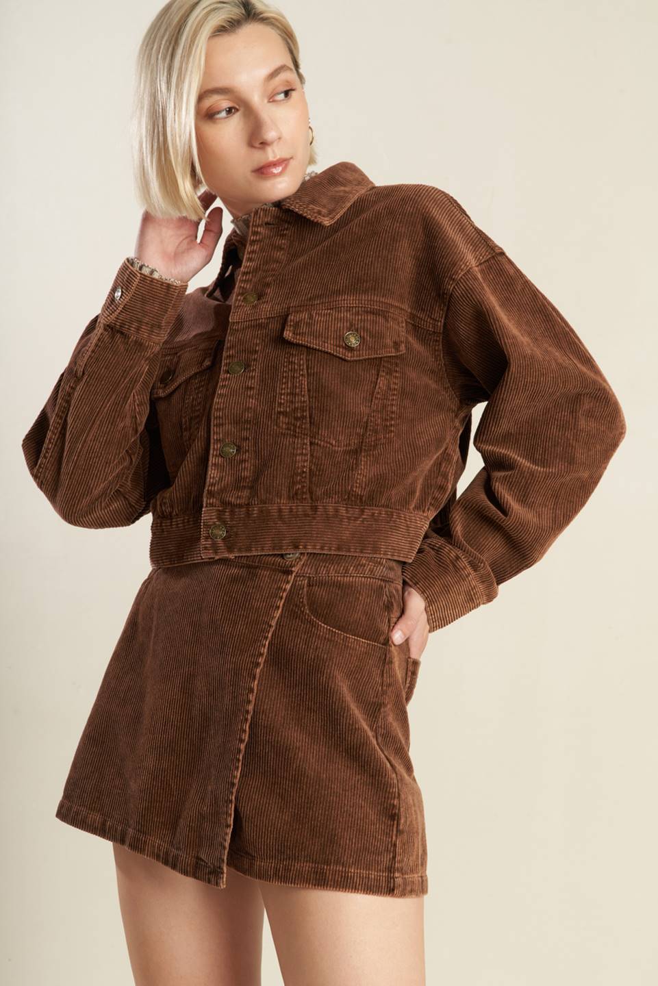 An opulent, cropped corduroy jacket with a washed finish. Matching Skort FP1283