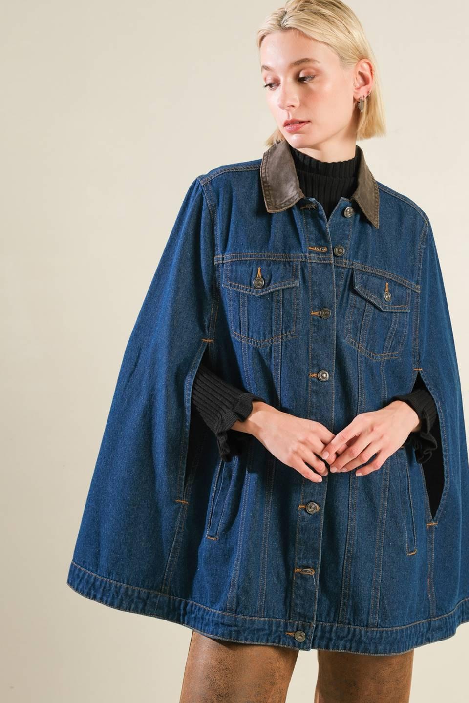 IF THOU MUST LOVE ME DENIM CAPE JACKET.