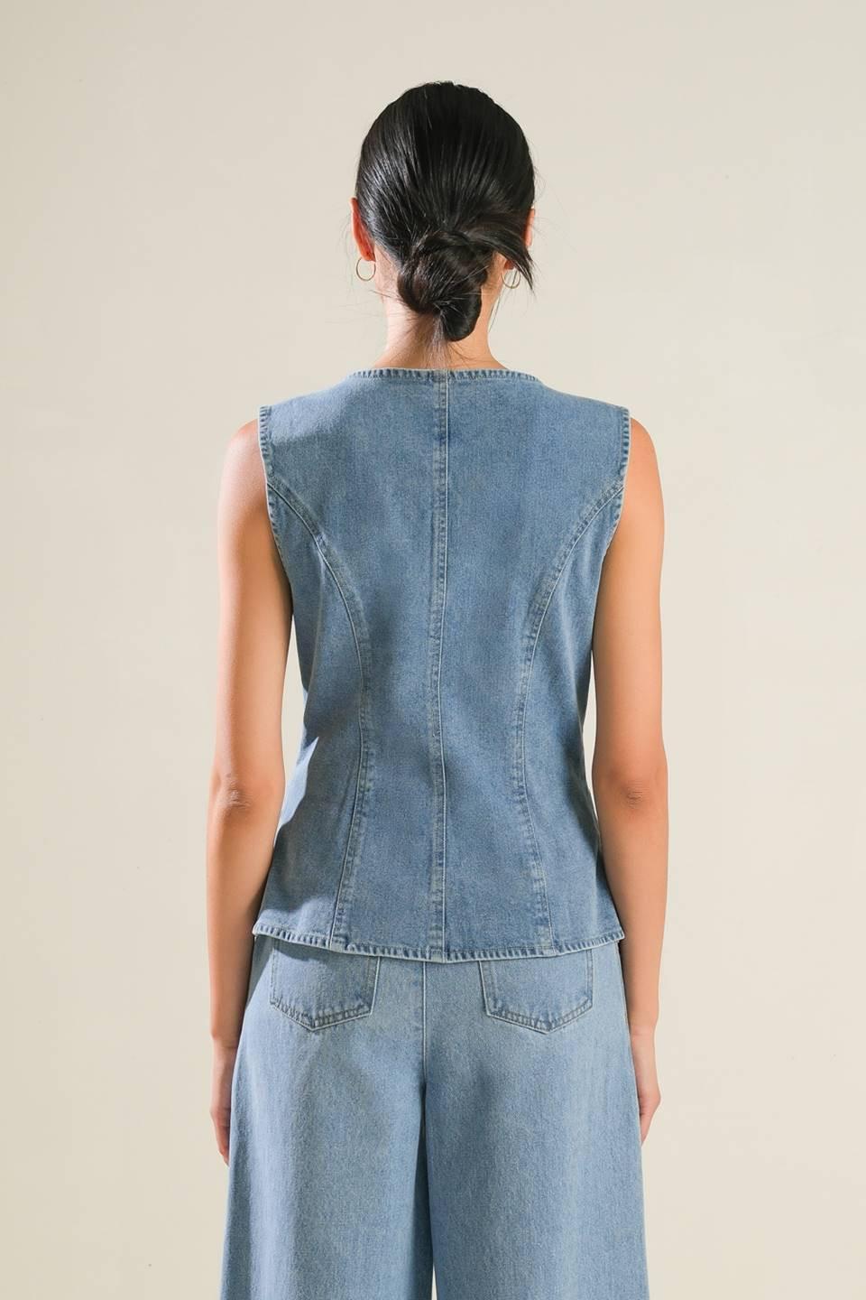 ADVENTURE AWAITS DENIM VEST.