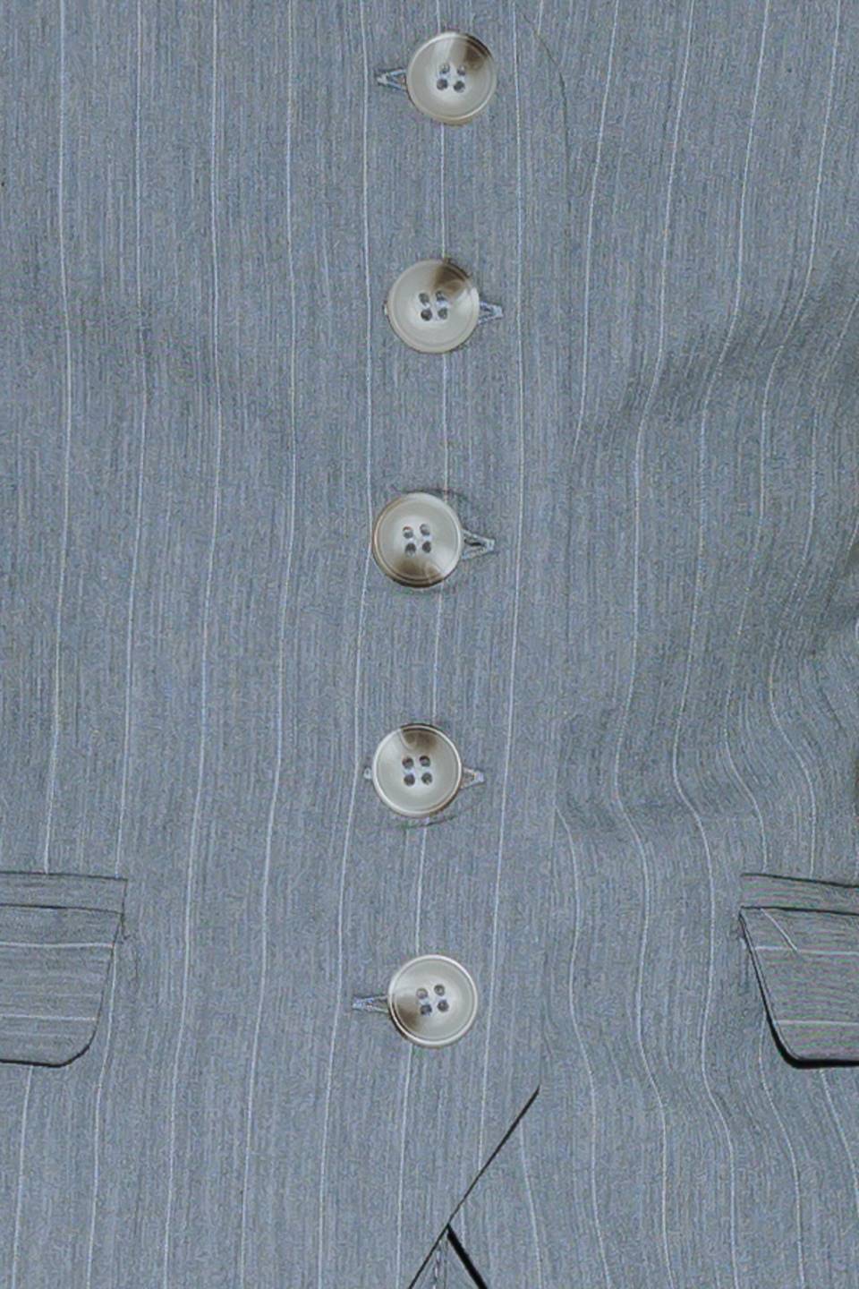 A grey striped woven vest with front button down.