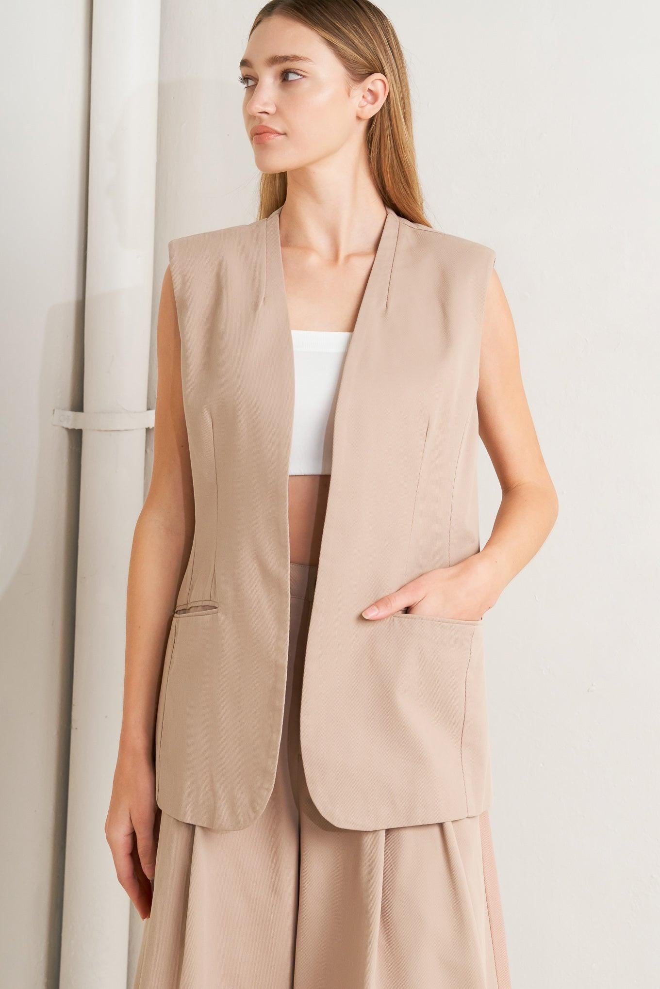 ELEGANT PLEAT WOVEN MIDI VEST.