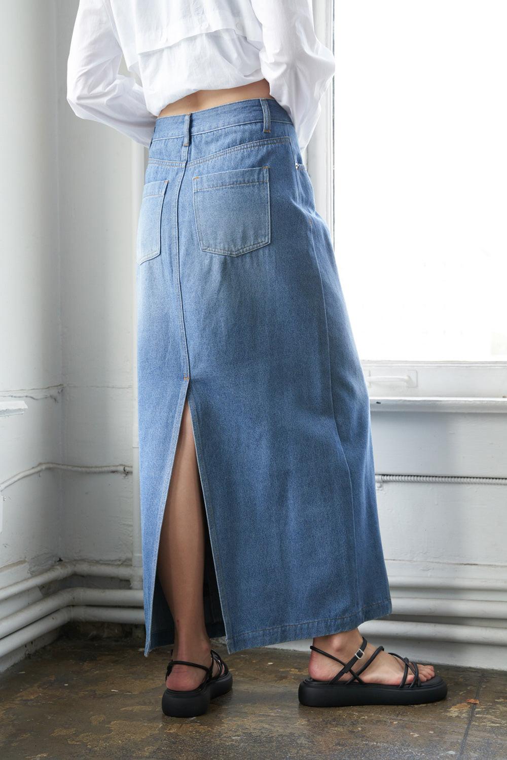 A LEAP OF FAITH MIDI DENIM SKIRT.