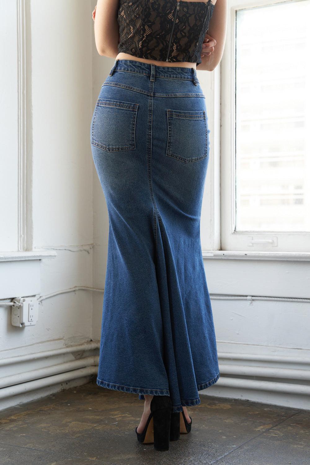 WHISPERING WINDS DENIM MIDI SKIRT.