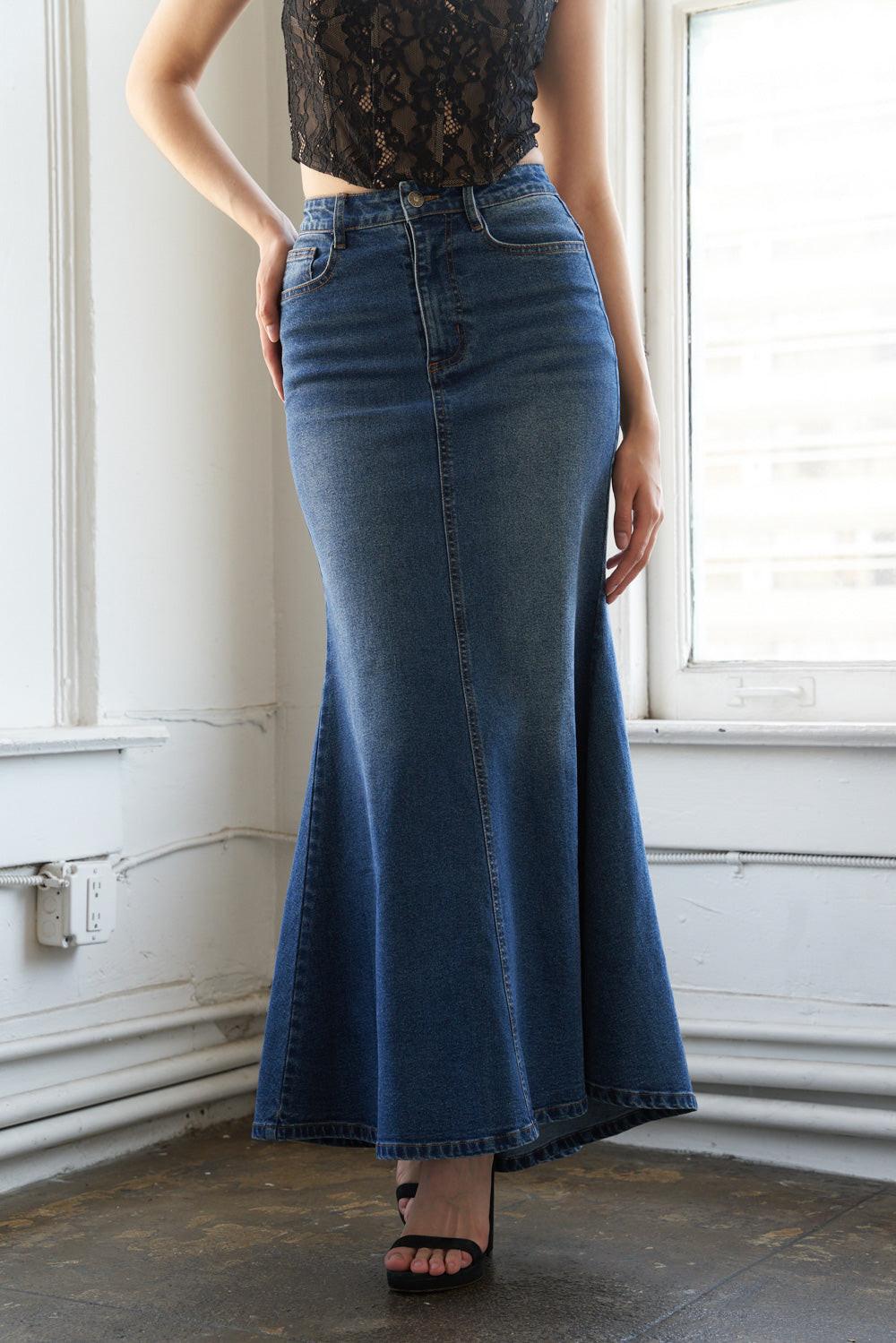 WHISPERING WINDS DENIM MIDI SKIRT.