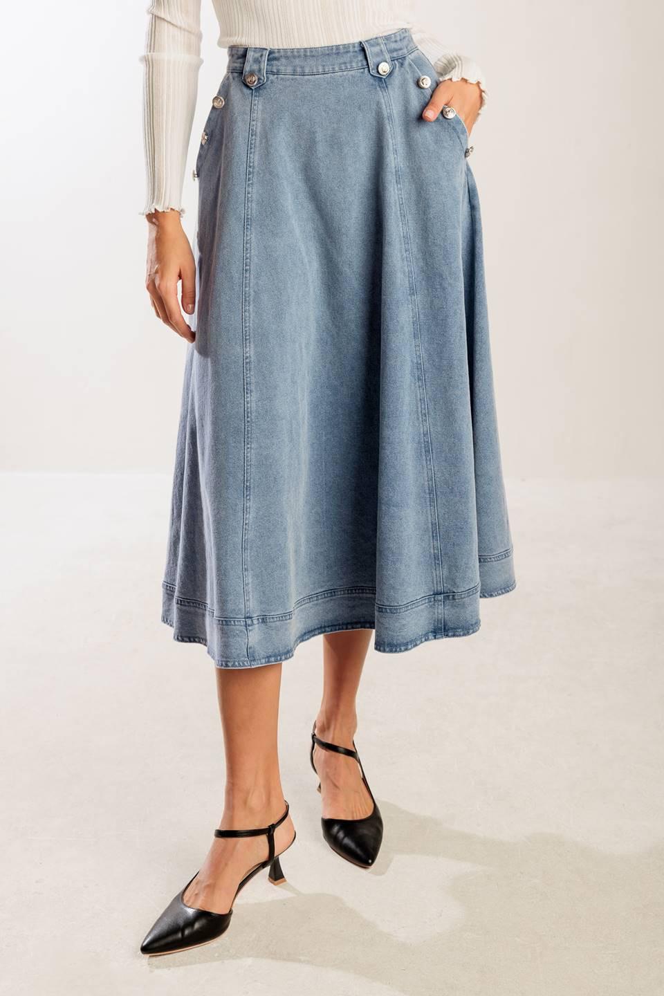 AT FIRST GLANCE DENIM MIDI SKIRT.