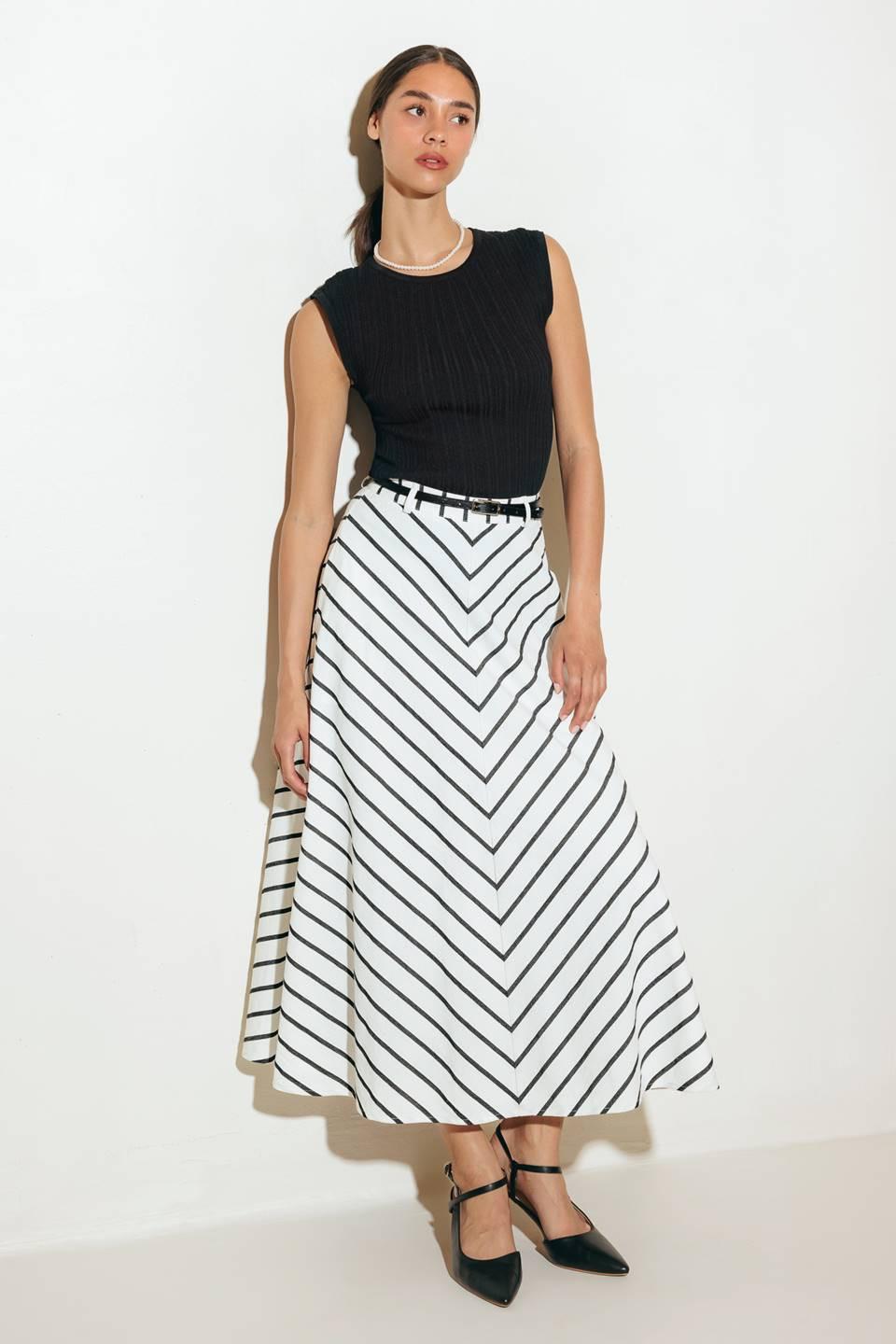 A striped woven midi skirt featuring belt and side zipper closure