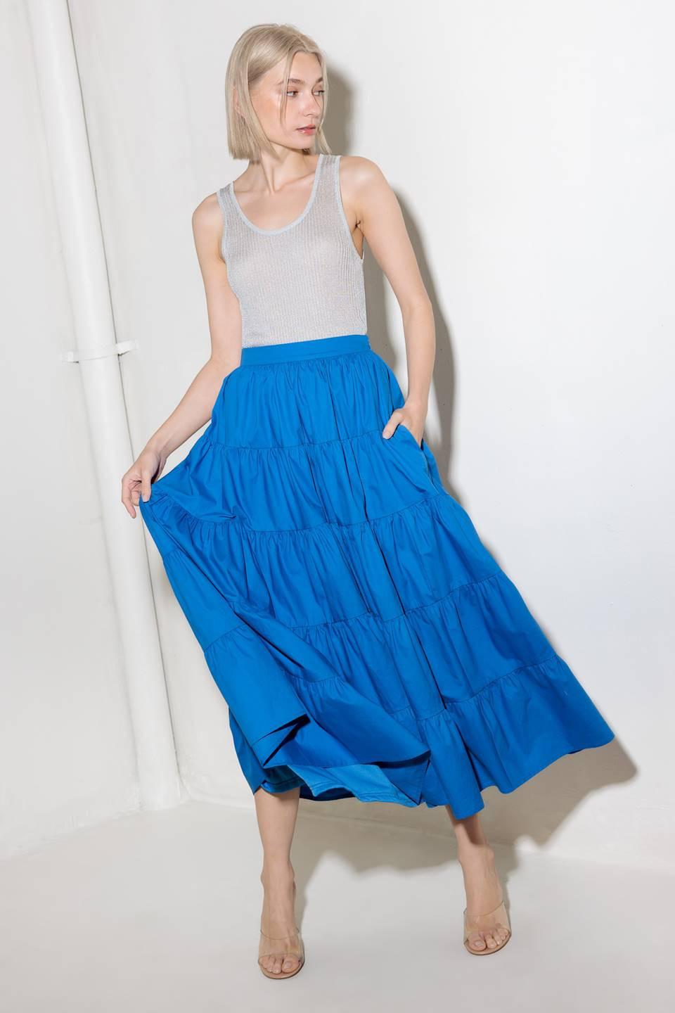 SIMPLY SPELLBOUND BLUE WOVEN FULL MIDI SKIRT.