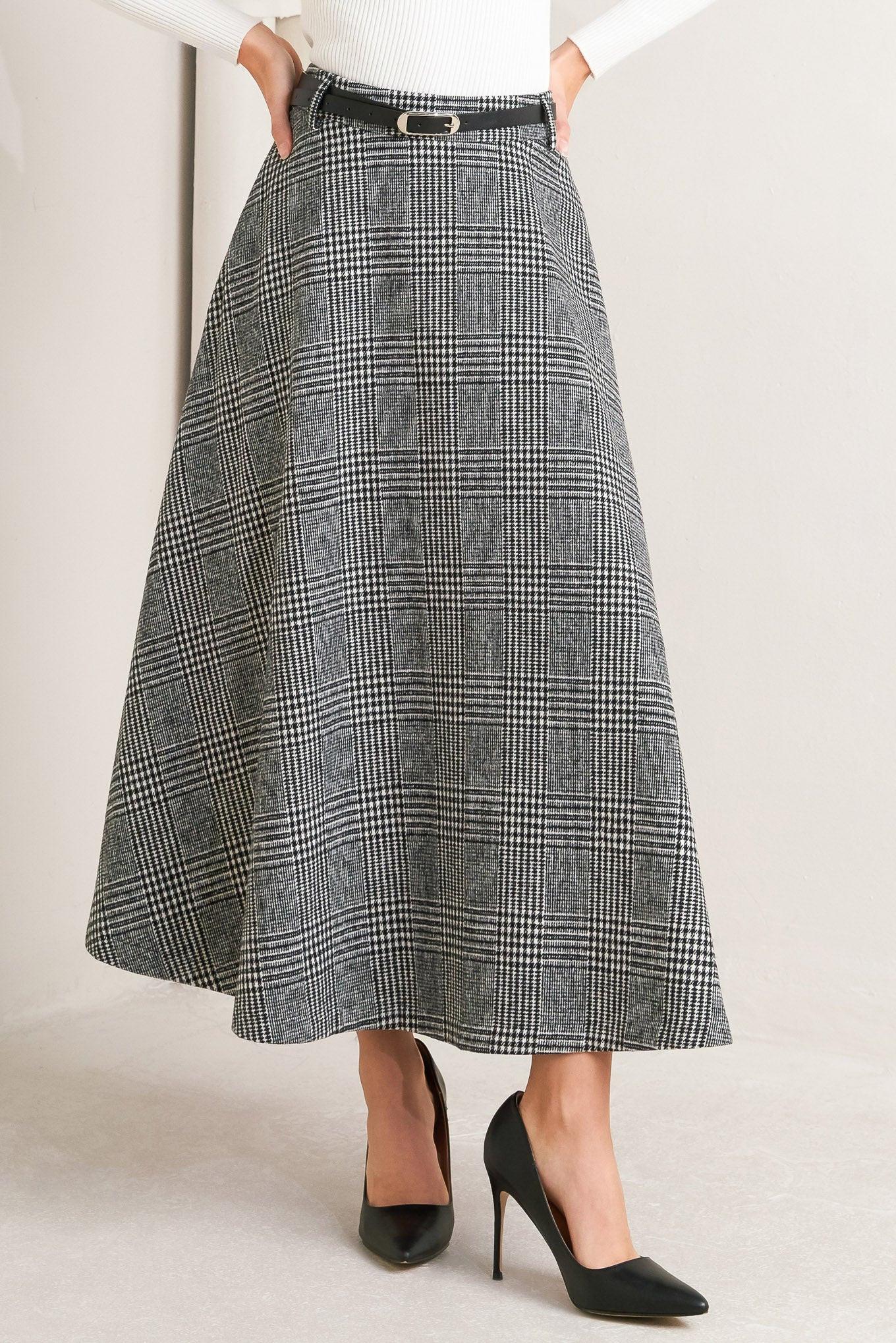 CITY CHECKLINE WOOLEN WOVEN MIDI SKIRT.