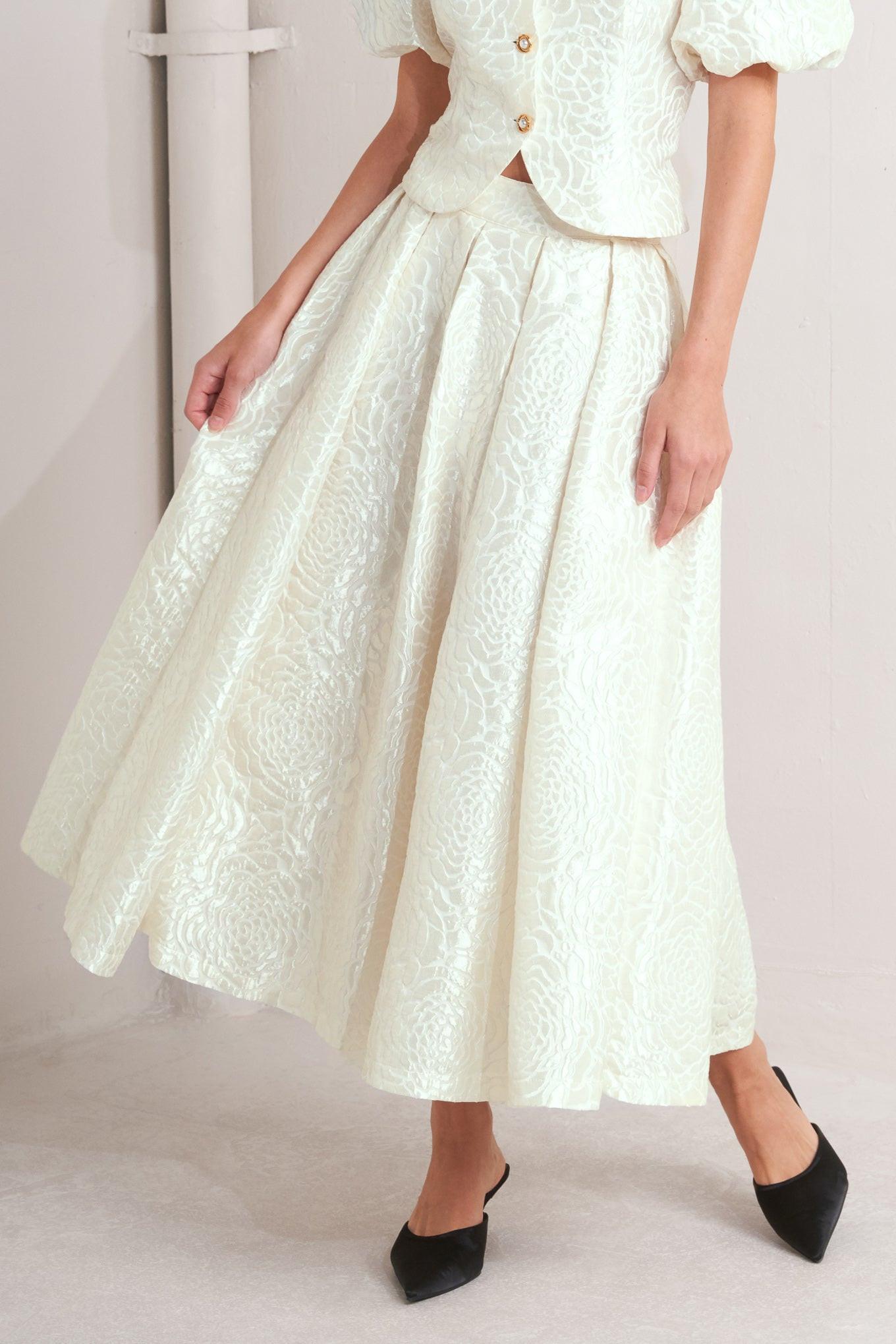 ROSÉ TEXTURE WOVEN FULL MIDI SKIRT.