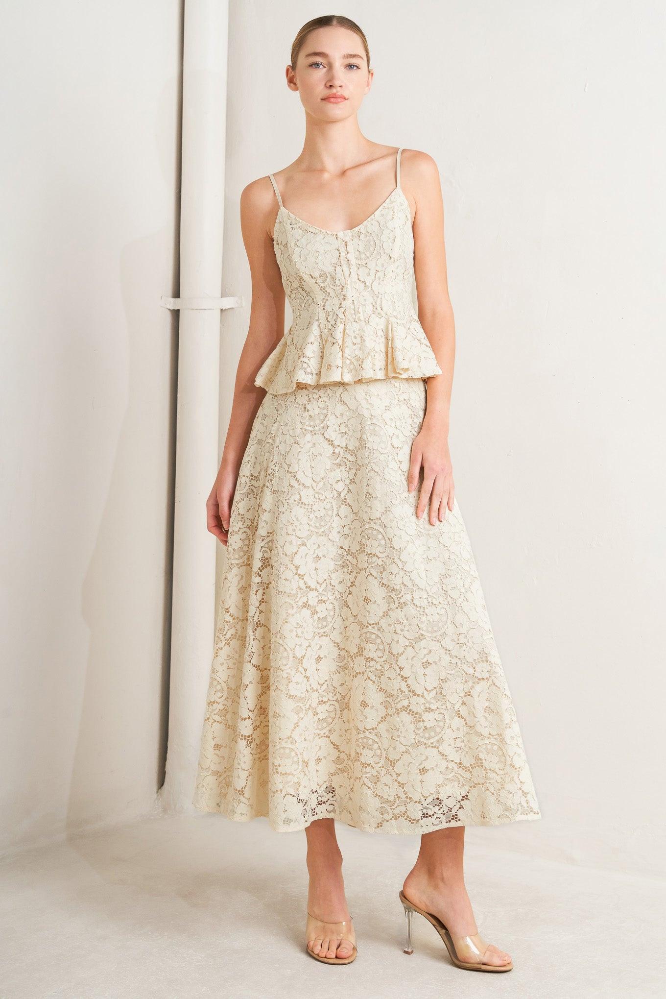 A woven lace circle midi skirt with back zipper closure
Details:
Self: 65% Cotton 35% Nylon
Lining: 100% Cotton
Size & Fit
-Model is 5`8" And Wearing Size Small
-Measurements Taken From Size Small
-Approx. Length: 37"