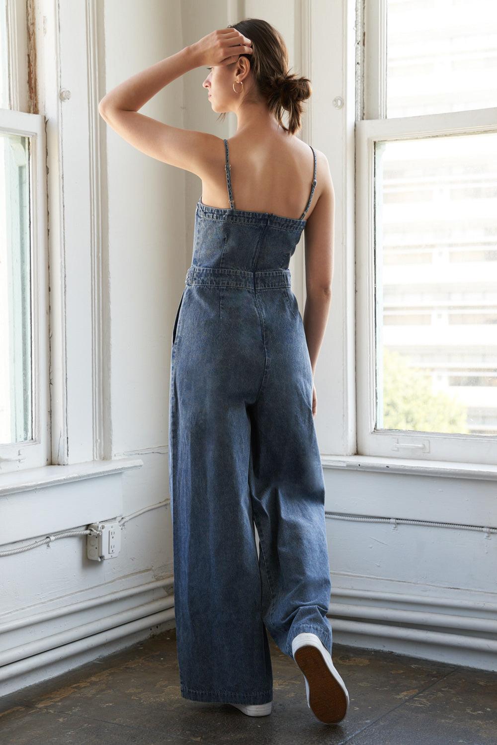 STOLEN GLANCES DENIM JUMPSUIT.