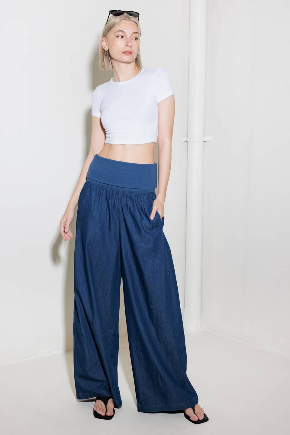 A chambray pant/jumpsuit 2fer with ribbed band and side pocket.