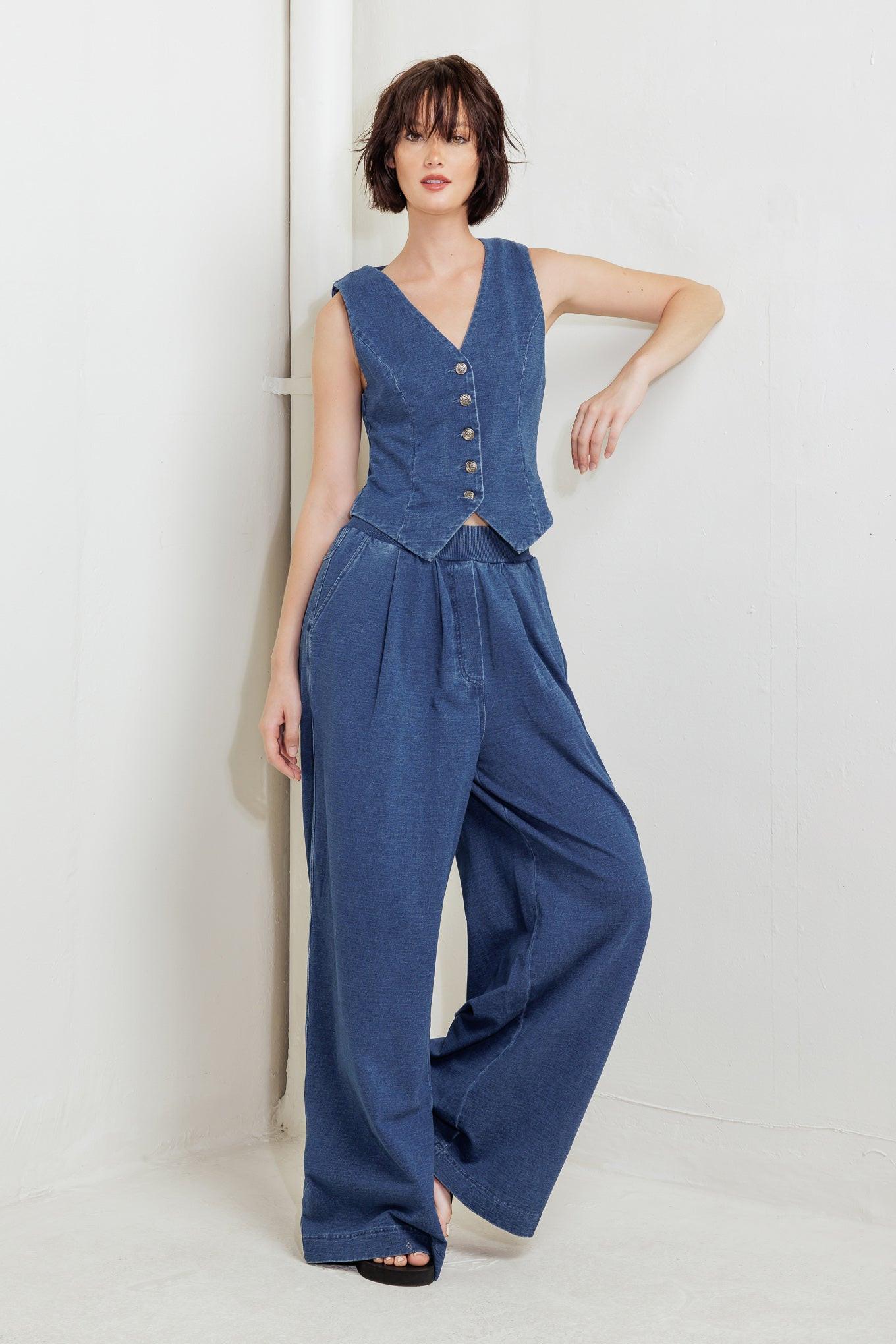 URBAN INDIGO FRENCH TERRY DENIM PANTS.