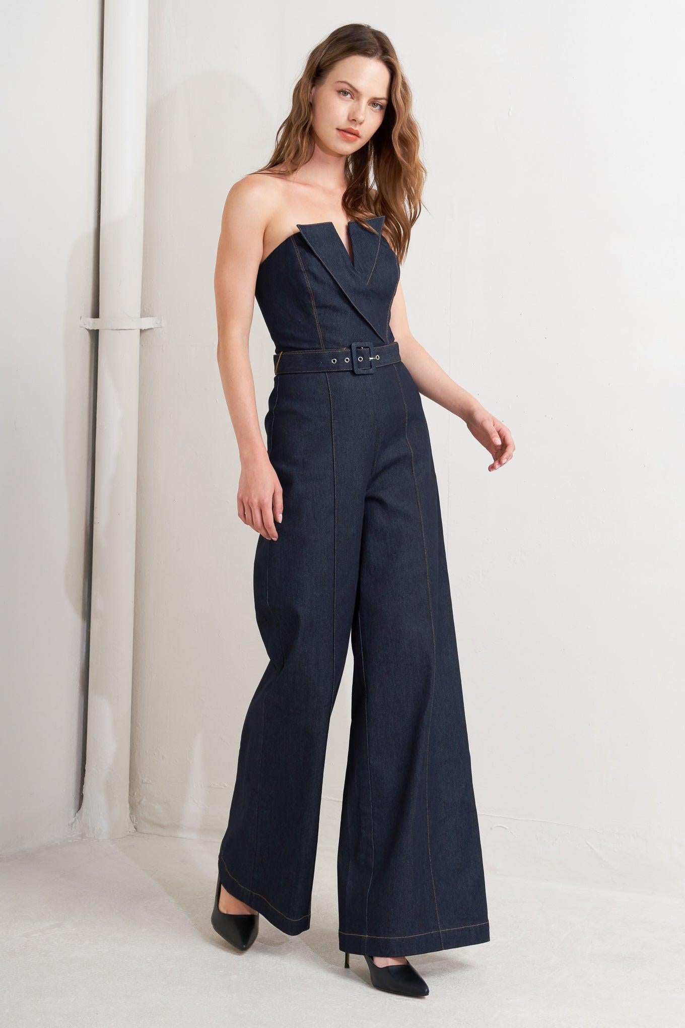 LE BONHEUR V CUT VOW DENIM JUMPSUIT.