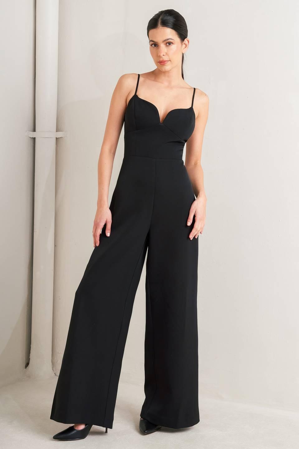 PRISTINE EDGE BLACK WOVEN JUMPSUIT.