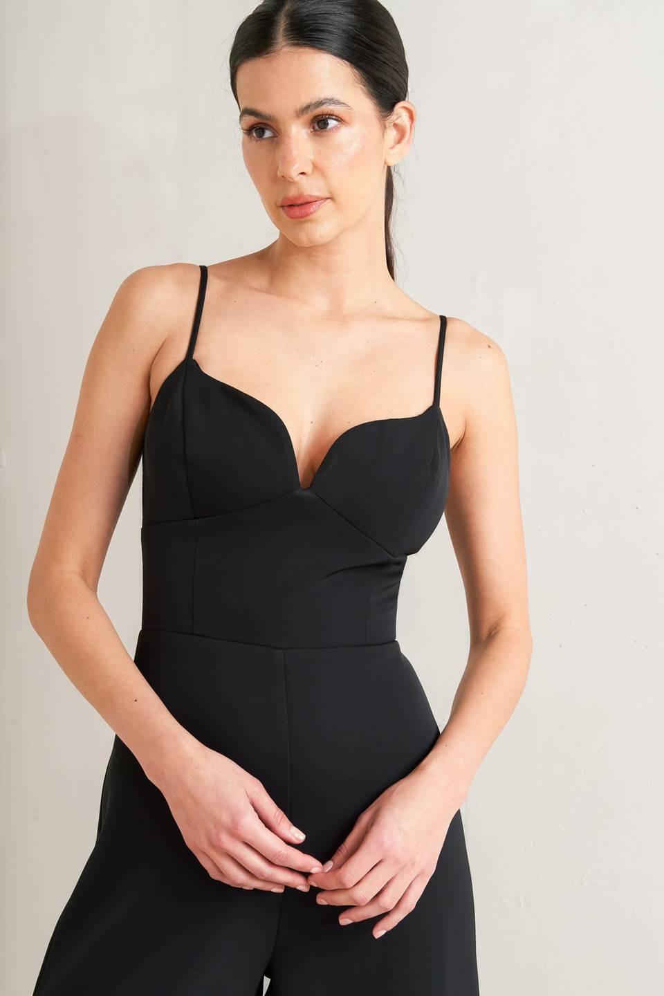 PRISTINE EDGE BLACK WOVEN JUMPSUIT.
