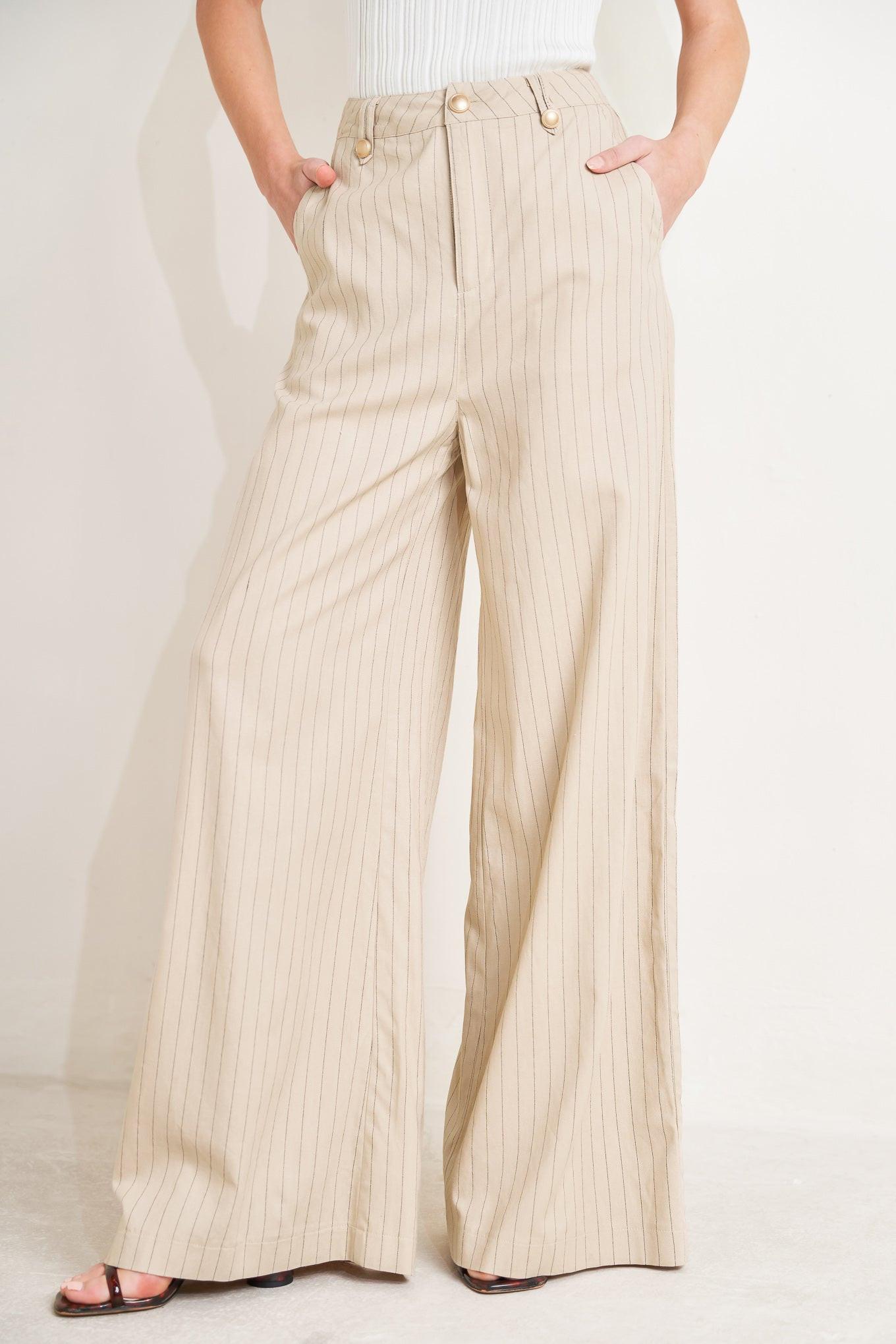 A striped woven pant featuring front closure, pockets and wide leg.
Details:
Self : 65% Rayon 30% Linen 5% Polyester
Size & Fit
- Model is 5`8" And Wearing Size Small
- Measurements Taken From Size Small
- Approx. Length: 44"
