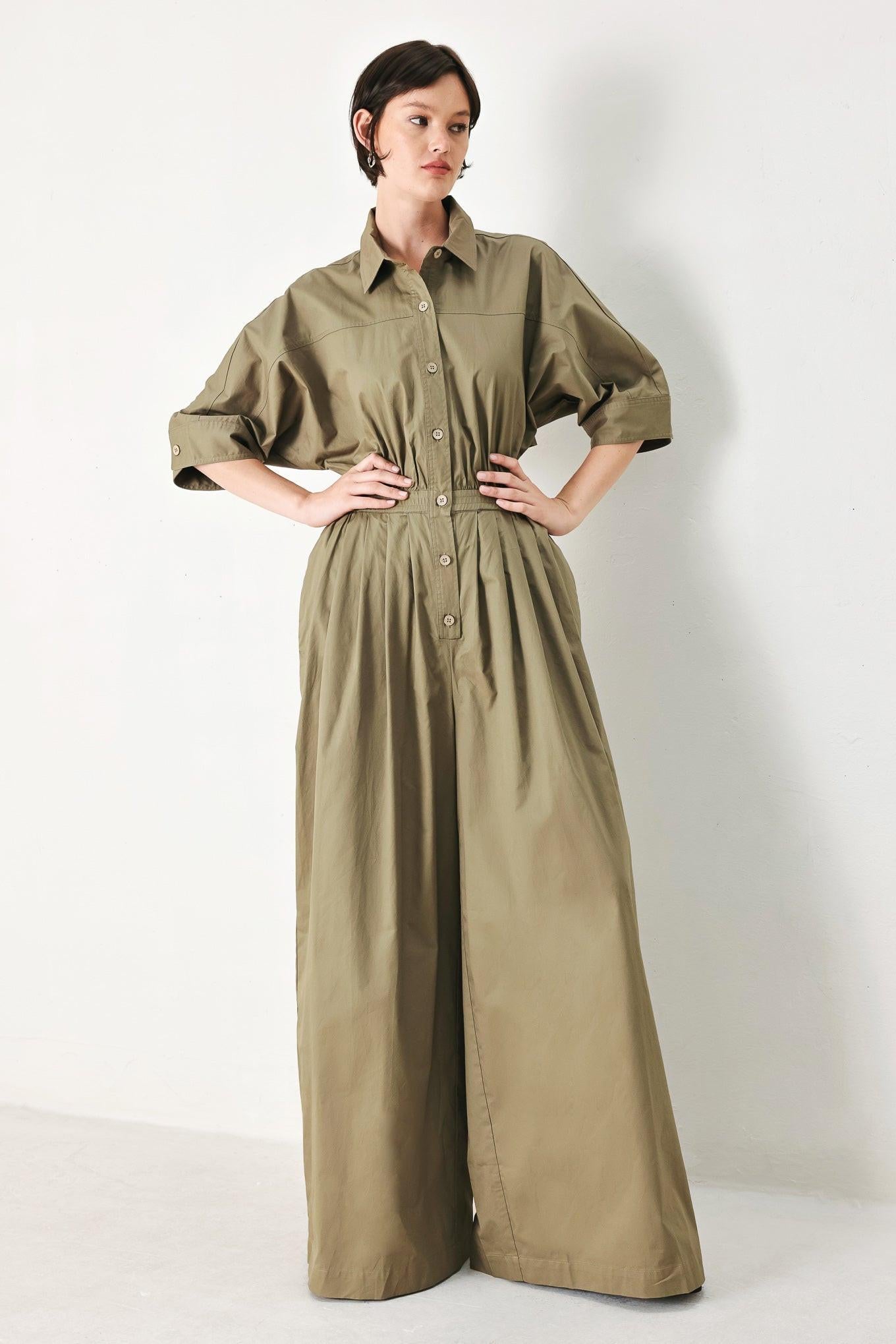 OLIVE DAYDREAM WOVEN JUMPSUIT.
