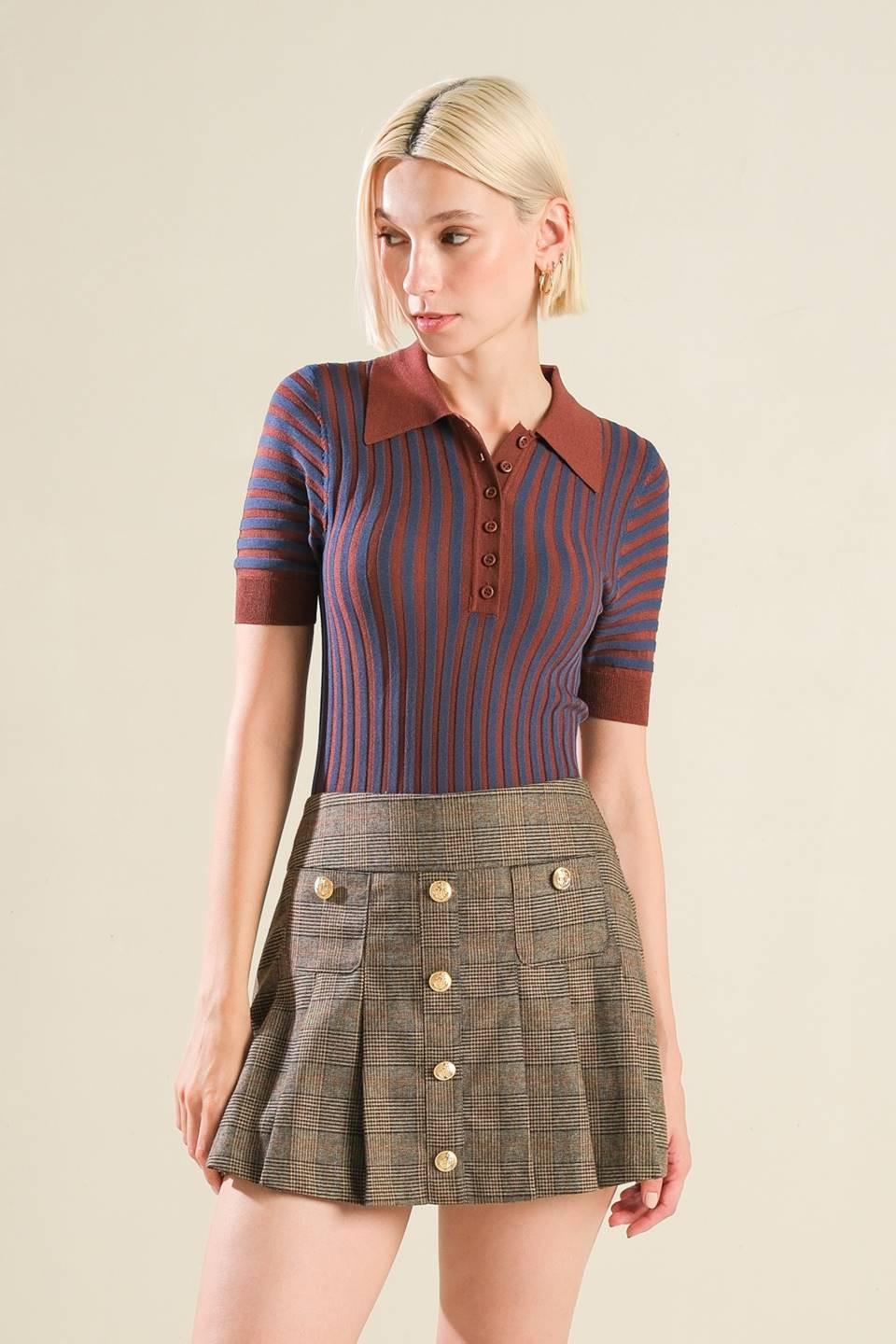 BLISSFUL STROLLS SWEATER POLO TOP.
