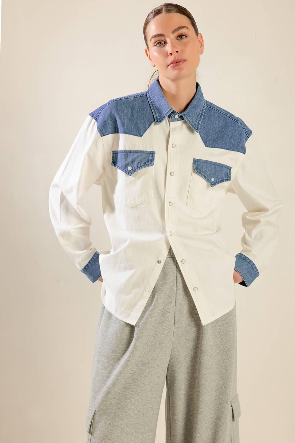 KEEP IT GOING WOVEN AND DENIM SHIRT.