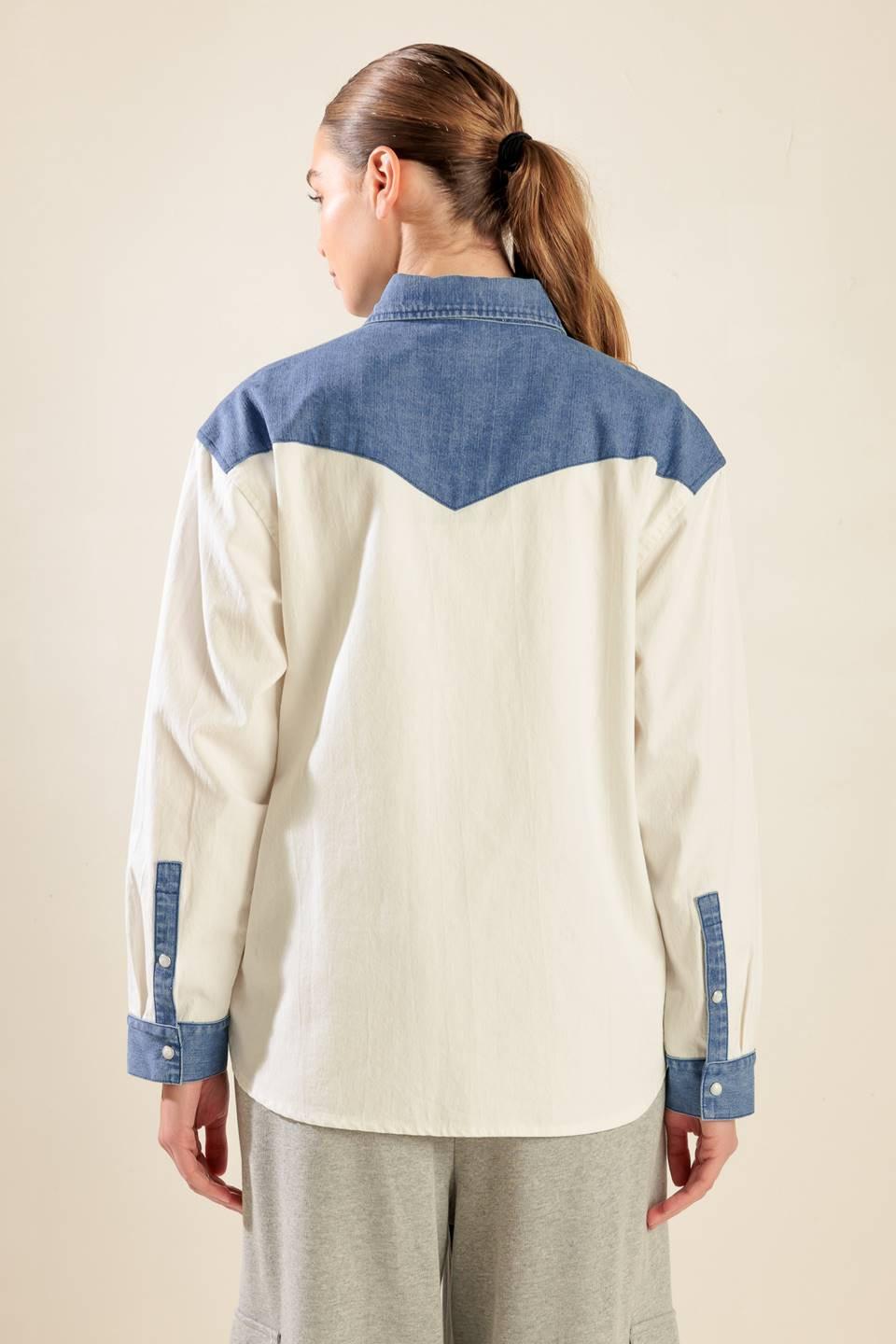 KEEP IT GOING WOVEN AND DENIM SHIRT.