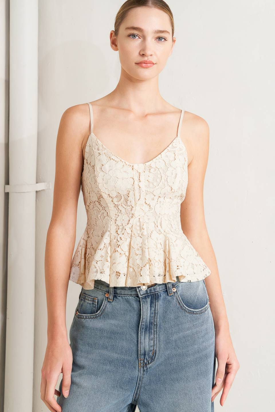 PURELY ROMANTIC WOVEN LACE CAMI TOP.