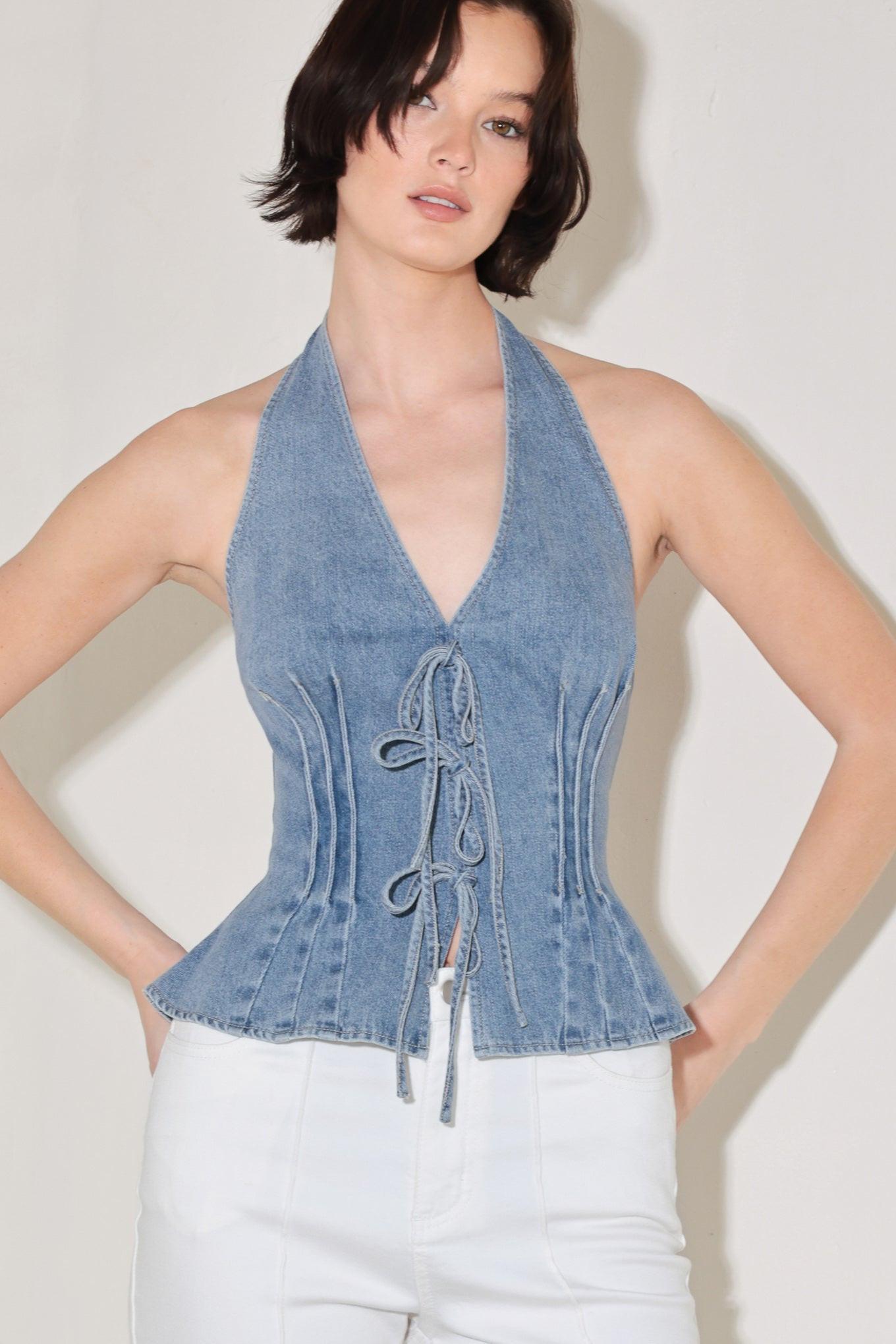 RETRO RISE HALTER DENIM TOP.