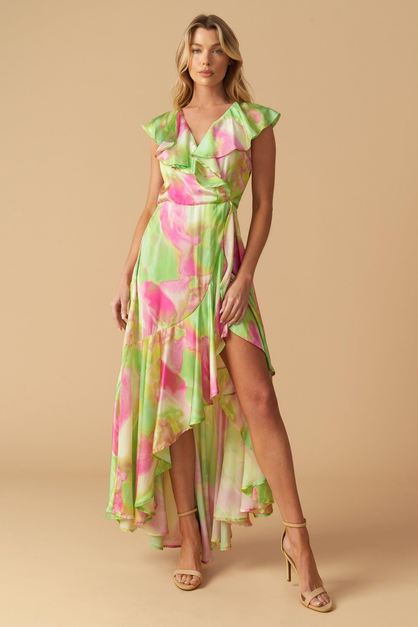 LA BEBE WOVEN SATIN MAXI DRESS.