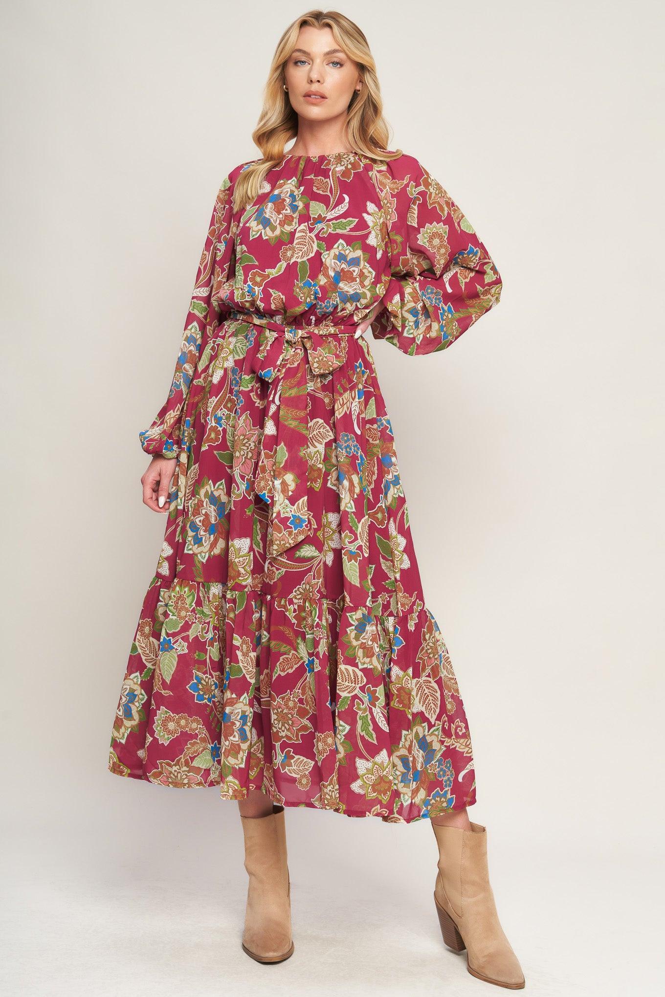 FLORALLY CHIC WOVEN MIDI DRESS.