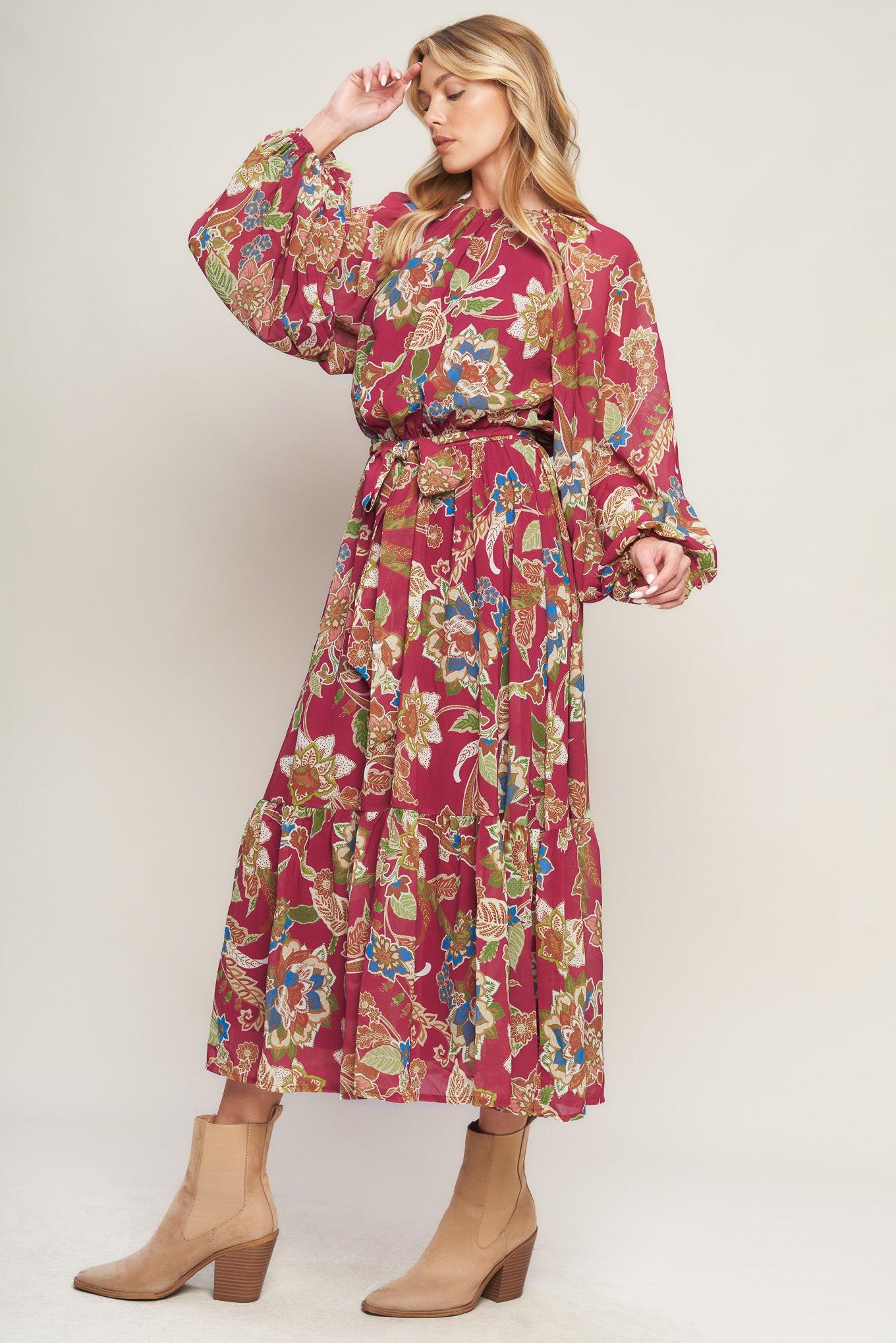 FLORALLY CHIC WOVEN MIDI DRESS.