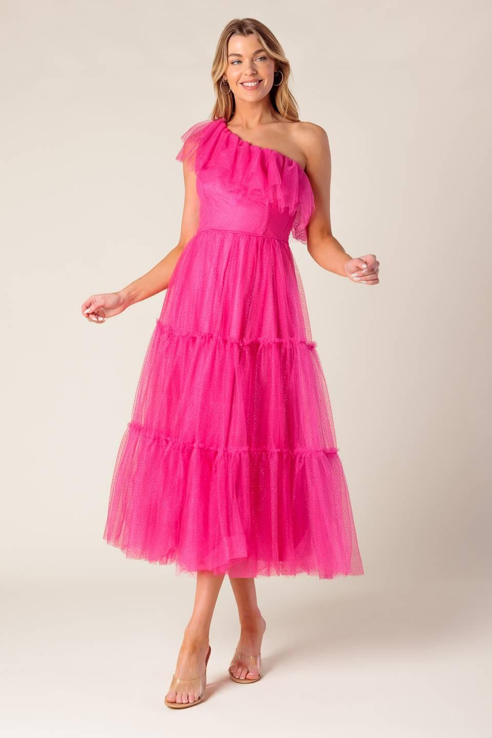 FLYING TOMATO One-Shoulder Tulle Midi Dress in Fuchsia at Nordstrom Rack, Size Large FLYING TOMATO One-Shoulder Tulle Midi Dress in Fuchsia at Nordstrom Rack, Size Large