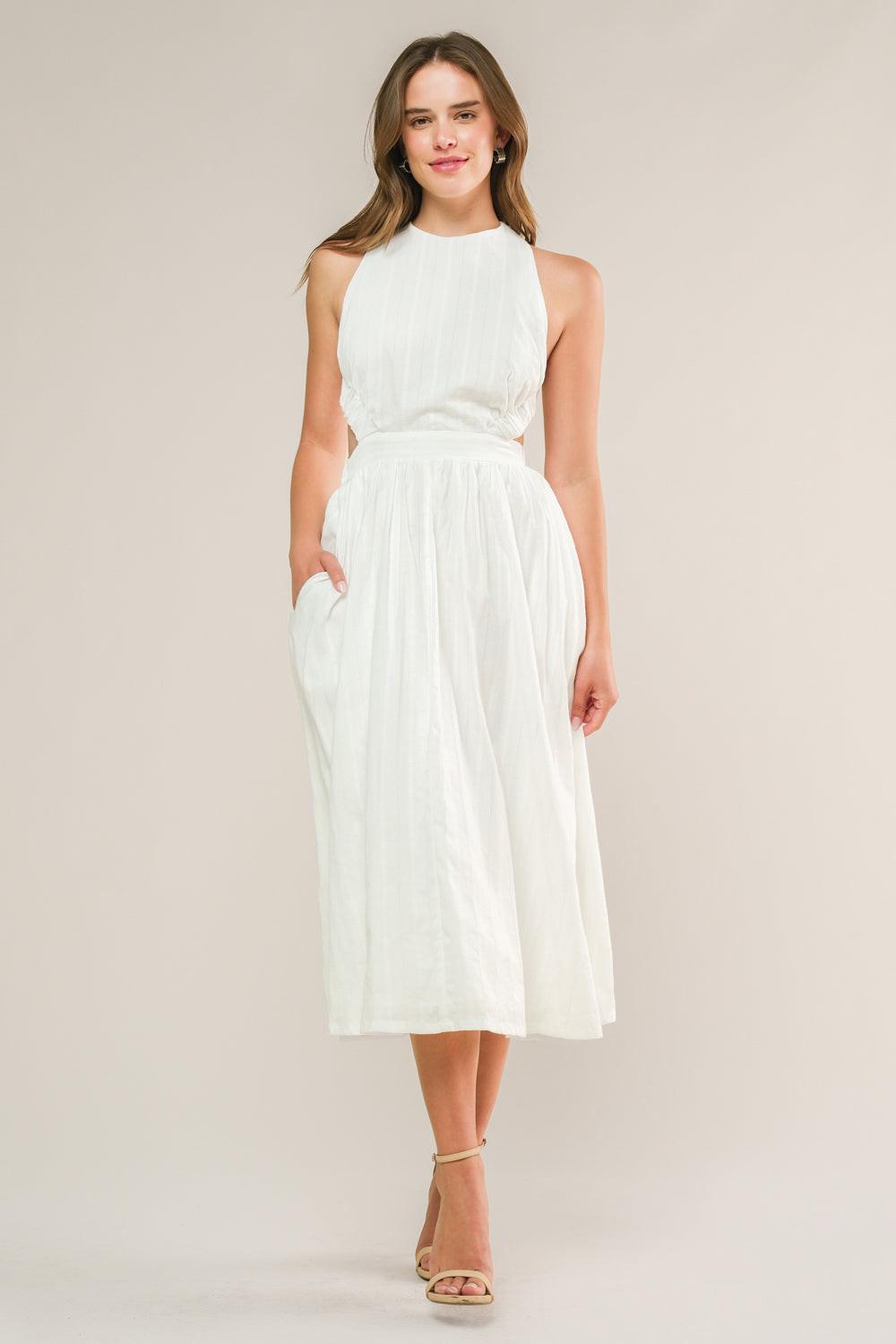 ADMIRED FROM AFAR WOVEN MIDI DRESS.
