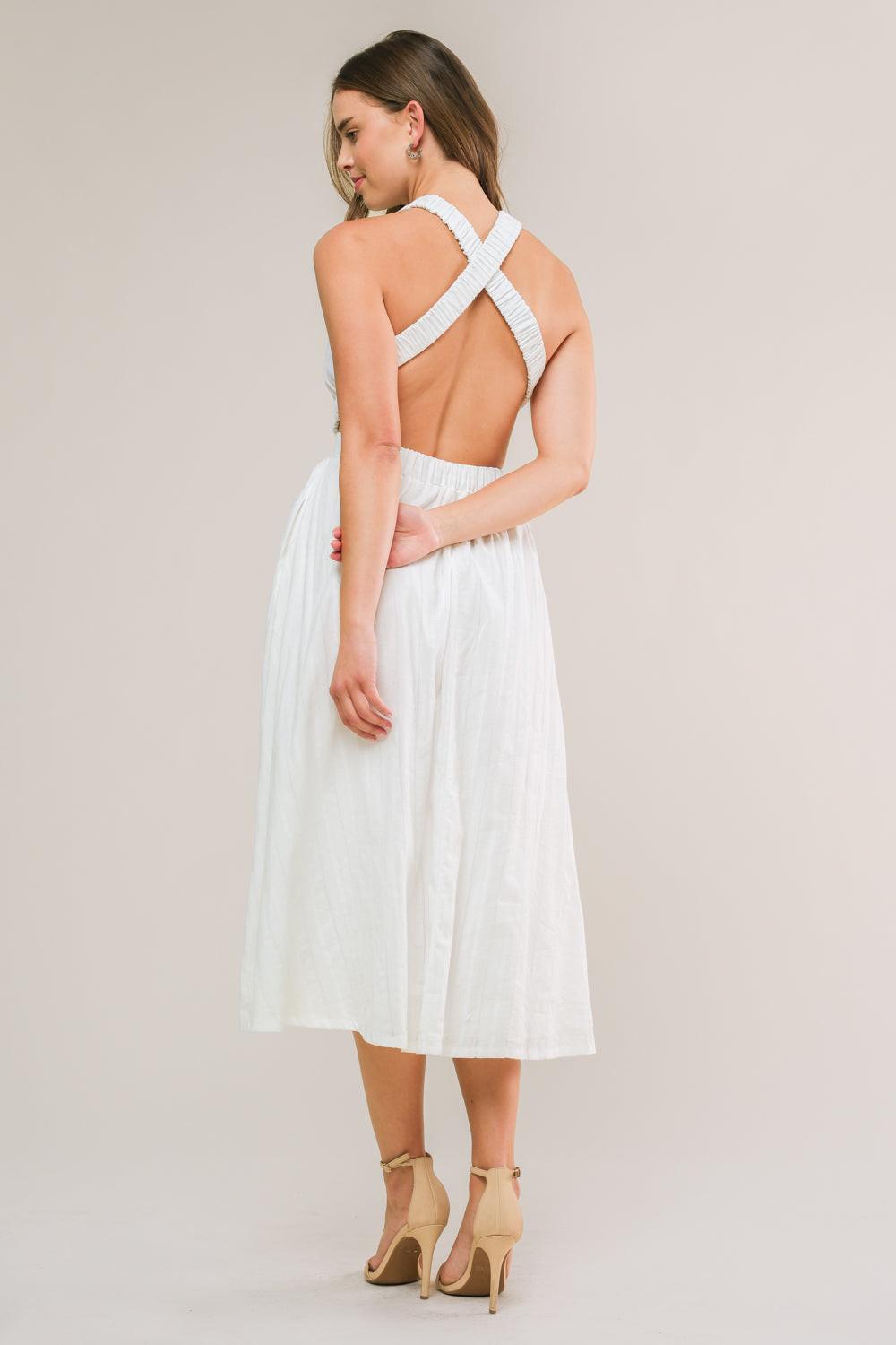 ADMIRED FROM AFAR WOVEN MIDI DRESS.