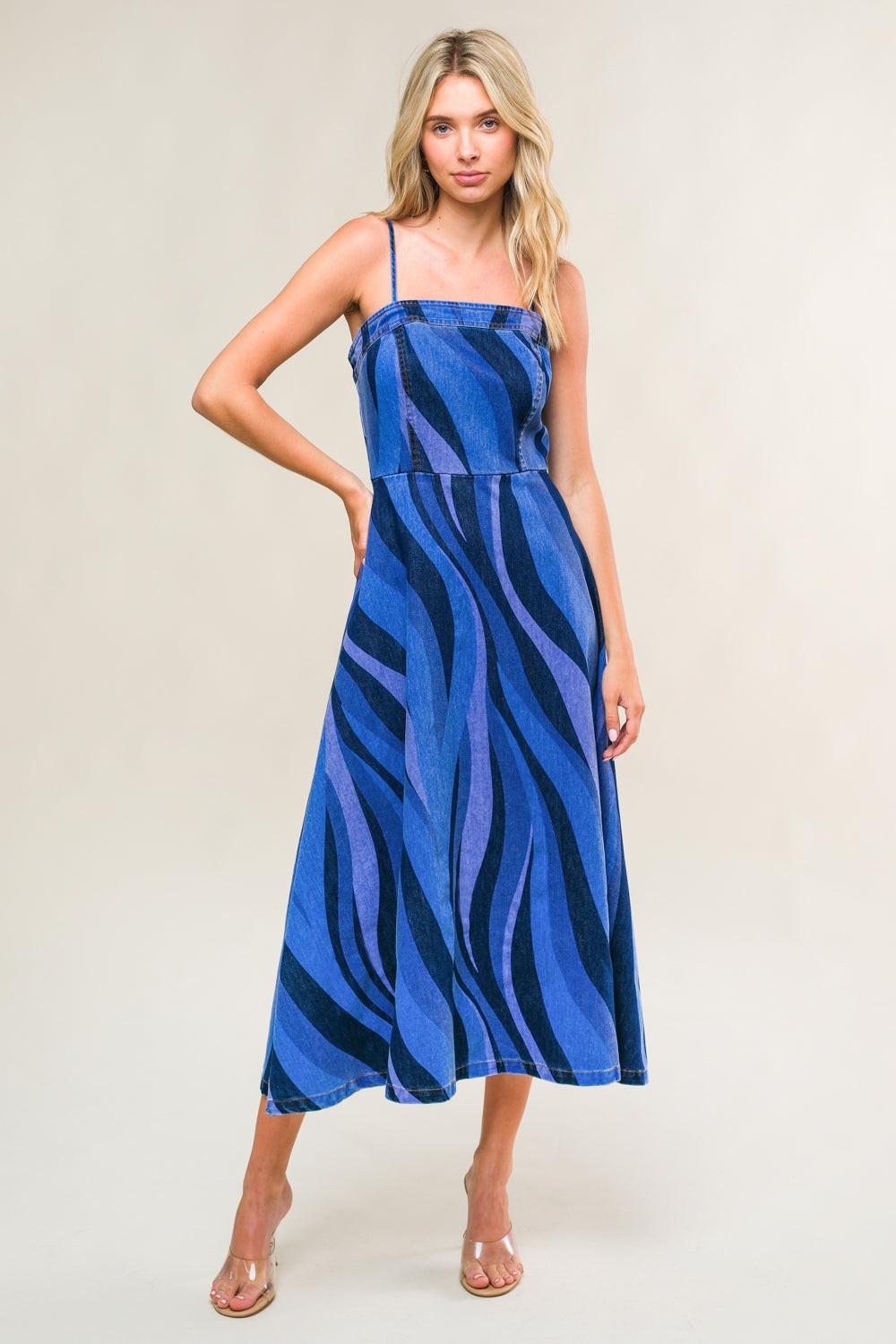 PATRIOTIC PRINCESS DENIM MIDI DRESS.
