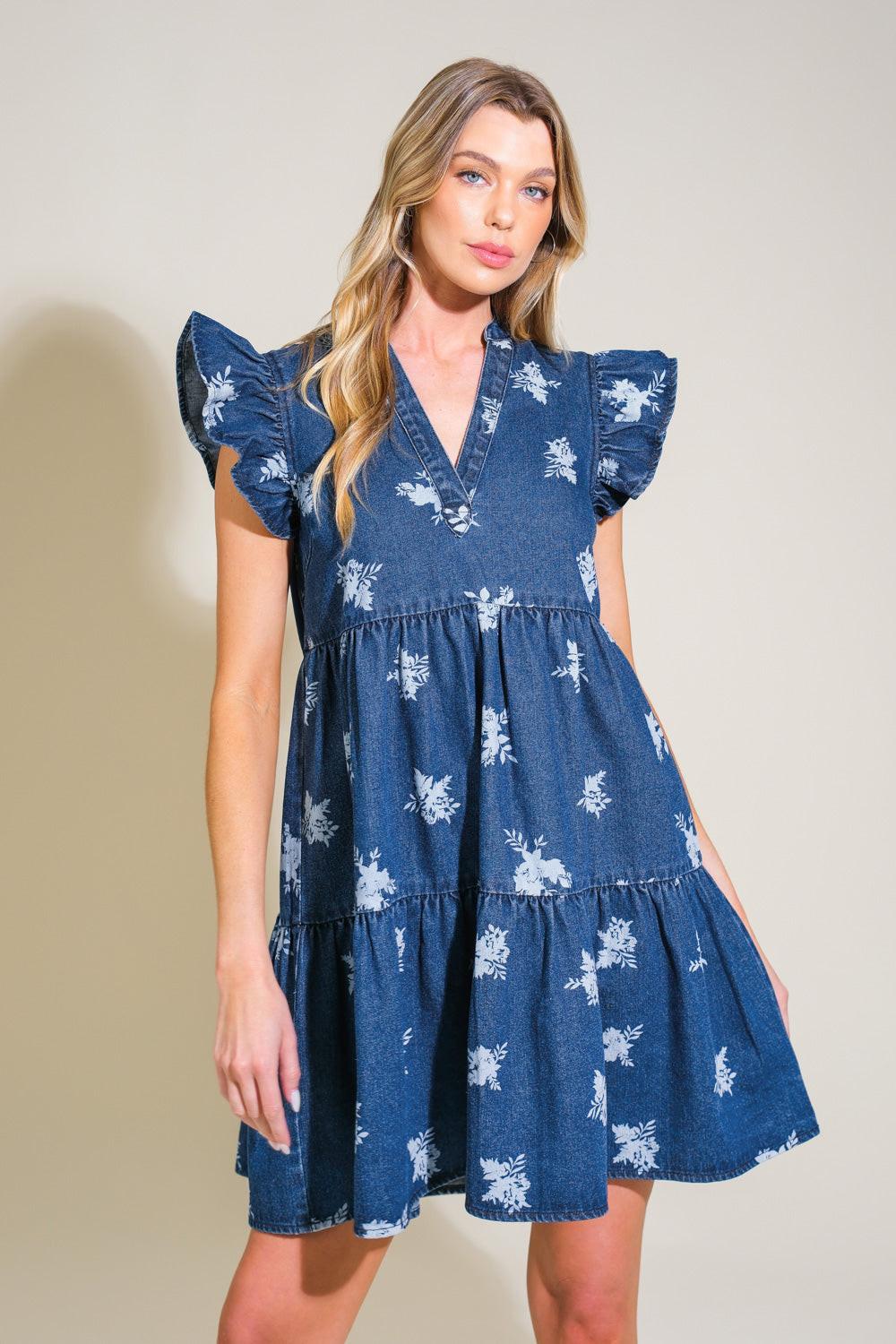 ROMANTICALLY ENTANGLED DENIM MINI DRESS.