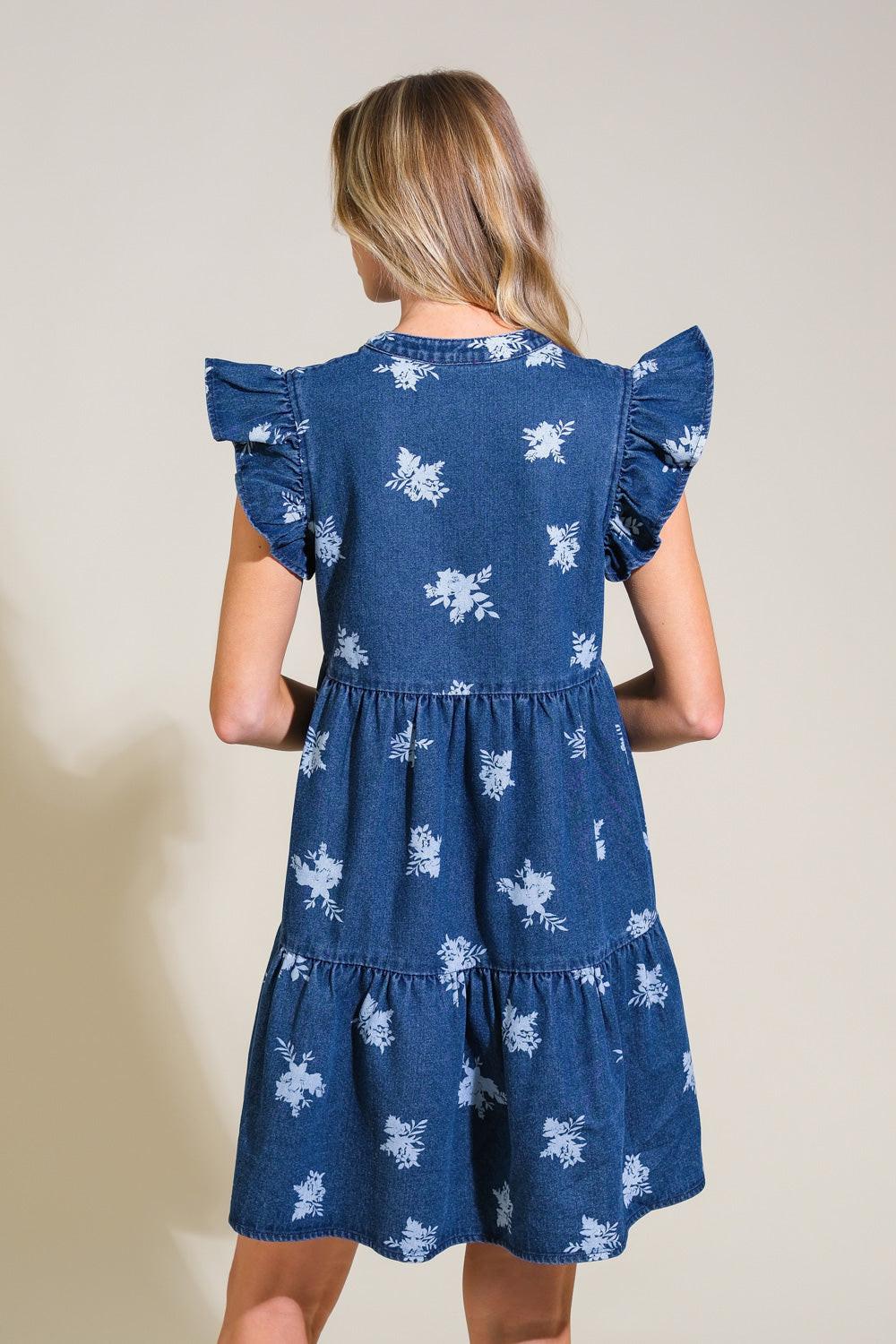 ROMANTICALLY ENTANGLED DENIM MINI DRESS.