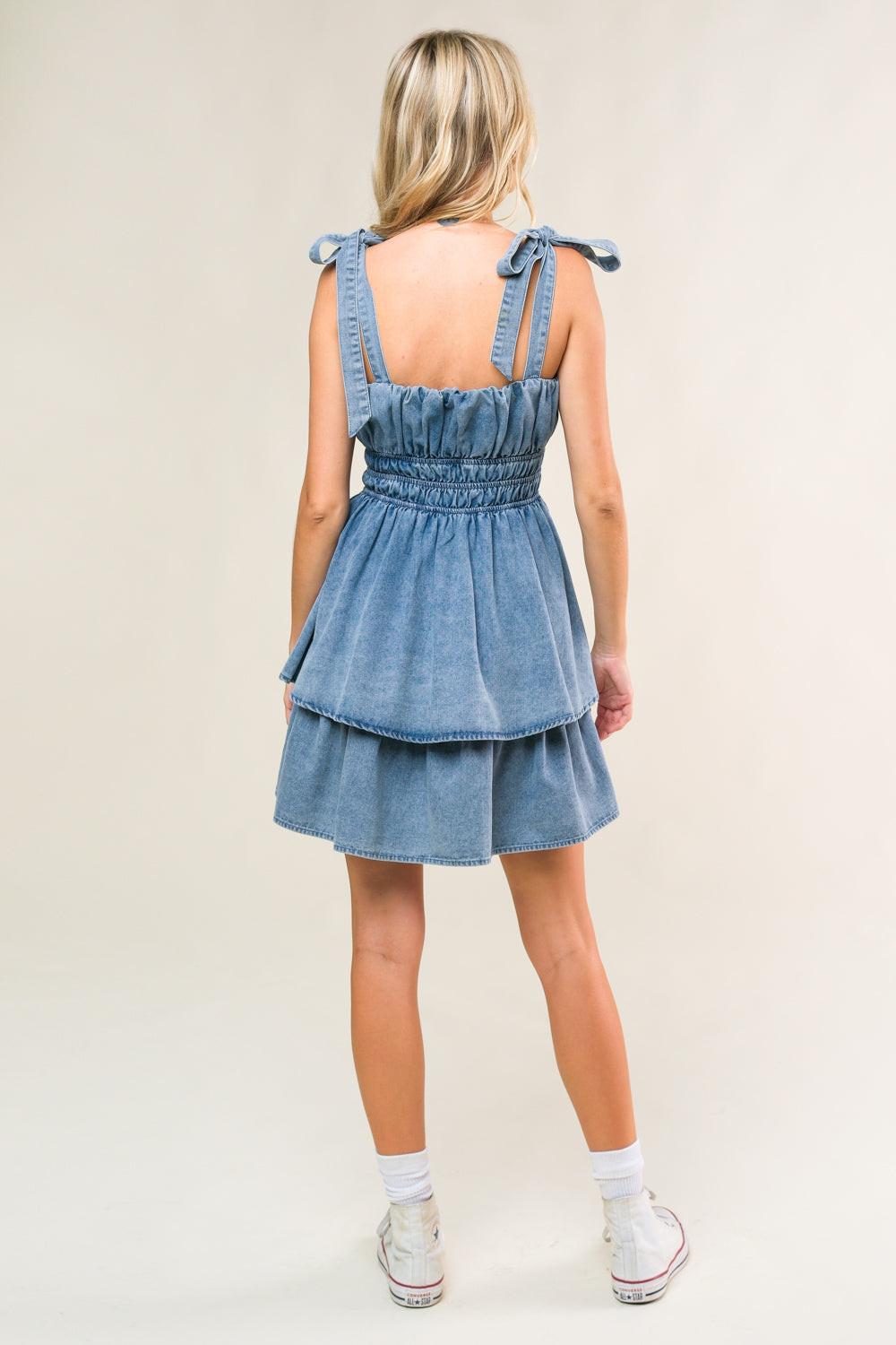 ALONG THE SHORELINE DENIM MINI DRESS.