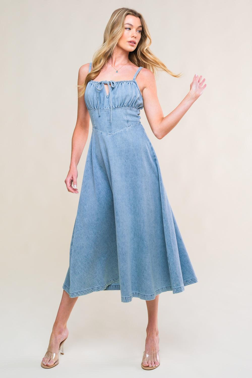 GORGEOUS ADORNMENT DENIM MINI DRESS.