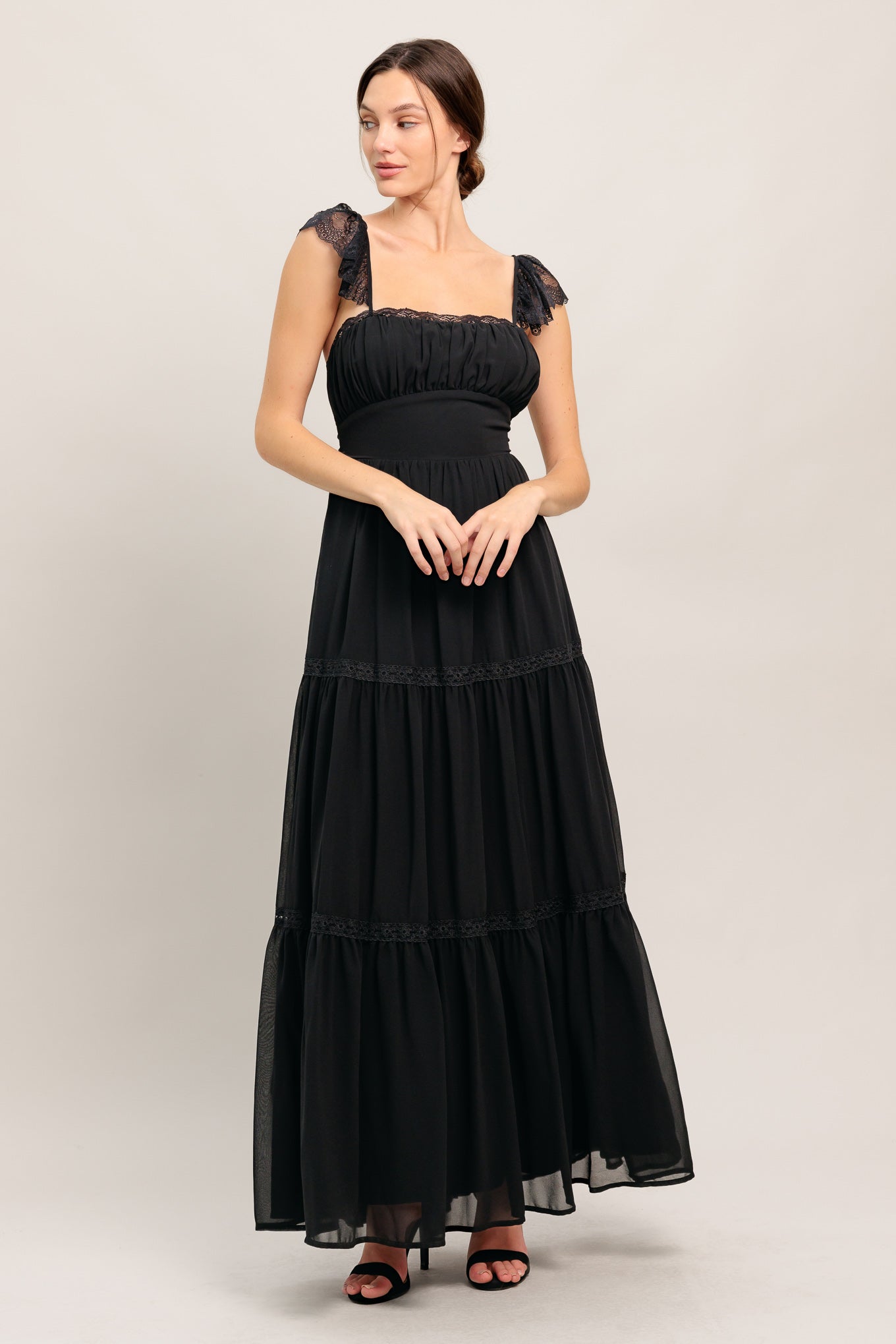 A solid woven maxi dress featuring straight neckline with lace edge, waist yoke, tiered skirt, bare back with tie closure
Details:
Self : 100% Polyester
Lining : 100% Polyester
Contrast : 96% Nylon 4% Spandex
Size & Fit
- Model is 5`8" And Wearing Size Small
- Measurements Taken From Size Small
- Approx. Length: 58"