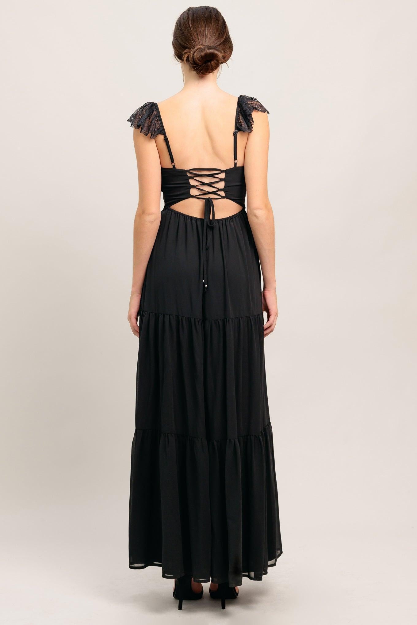 A solid woven maxi dress featuring straight neckline with lace edge, waist yoke, tiered skirt, bare back with tie closure
Details:
Self : 100% Polyester
Lining : 100% Polyester
Contrast : 96% Nylon 4% Spandex
Size & Fit
- Model is 5`8" And Wearing Size Small
- Measurements Taken From Size Small
- Approx. Length: 58"
