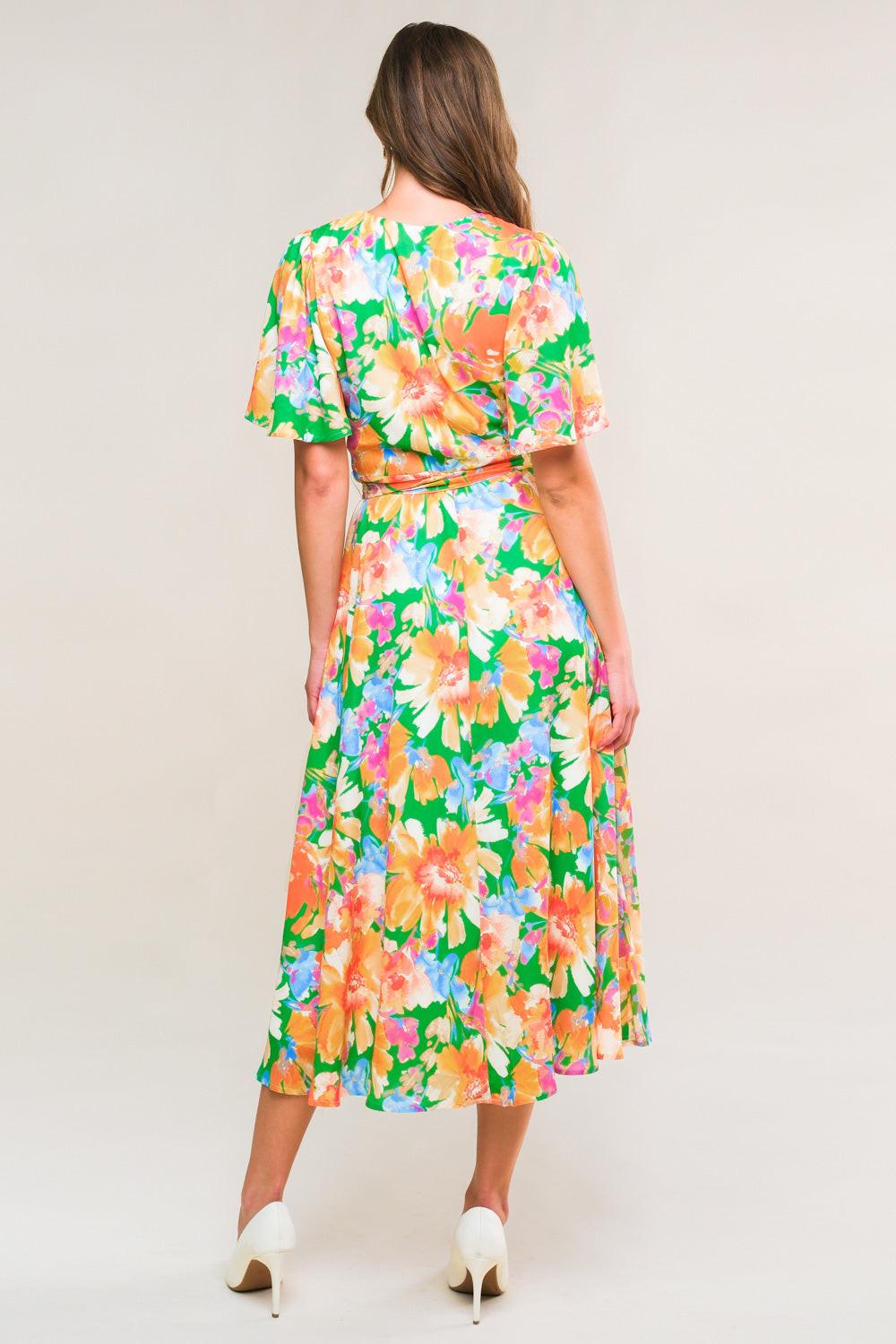 EFFERVESCENT LOVE TRUE WRAP MIDI DRESS.