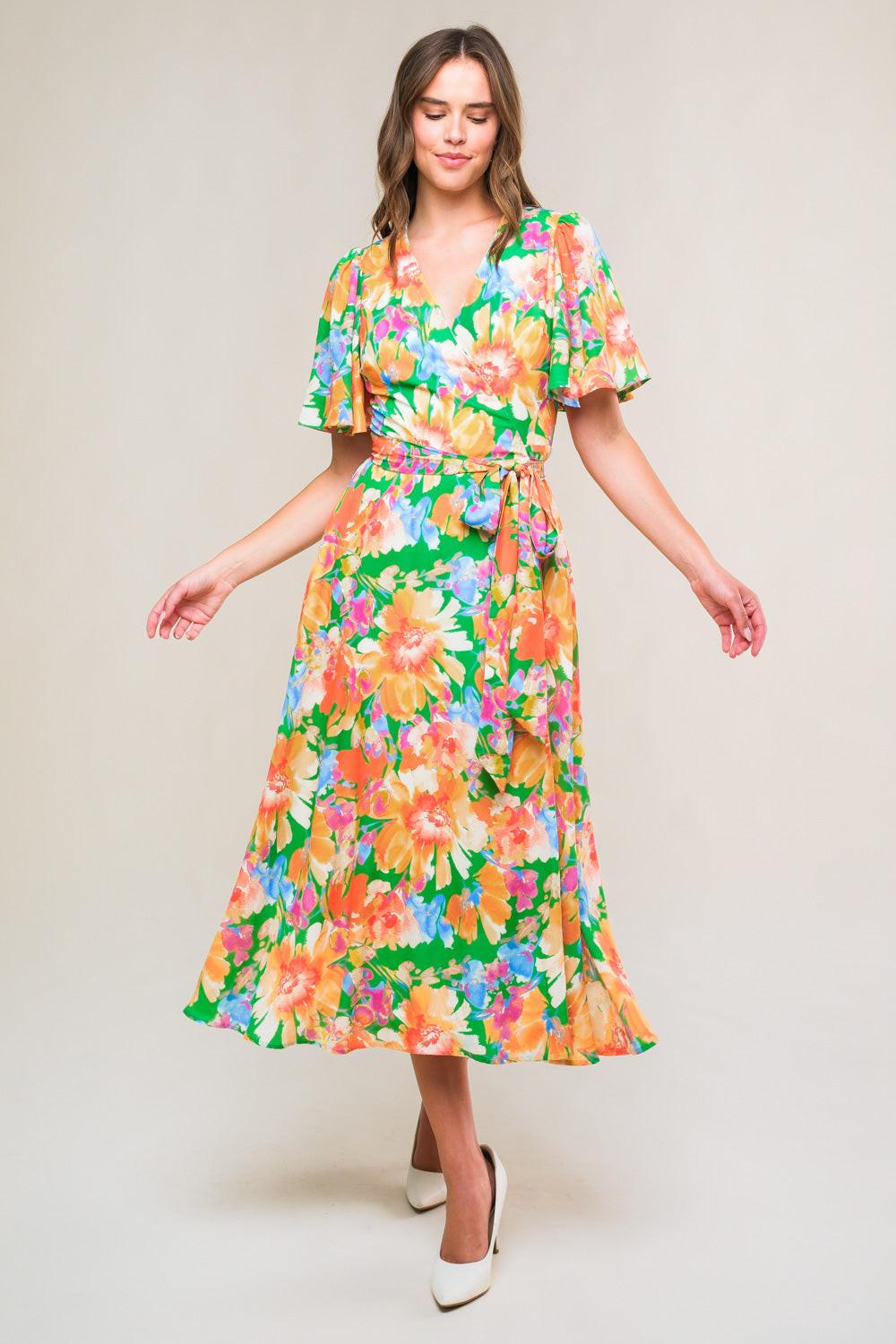 EFFERVESCENT LOVE TRUE WRAP MIDI DRESS.