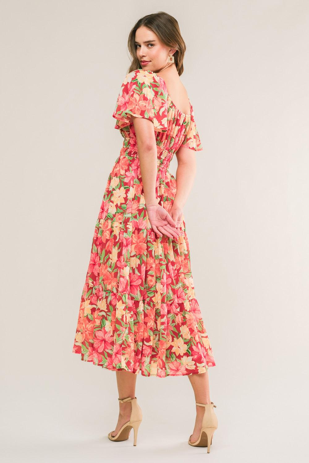 LOVE IS BLOOMING WOVEN MIDI DRESS.