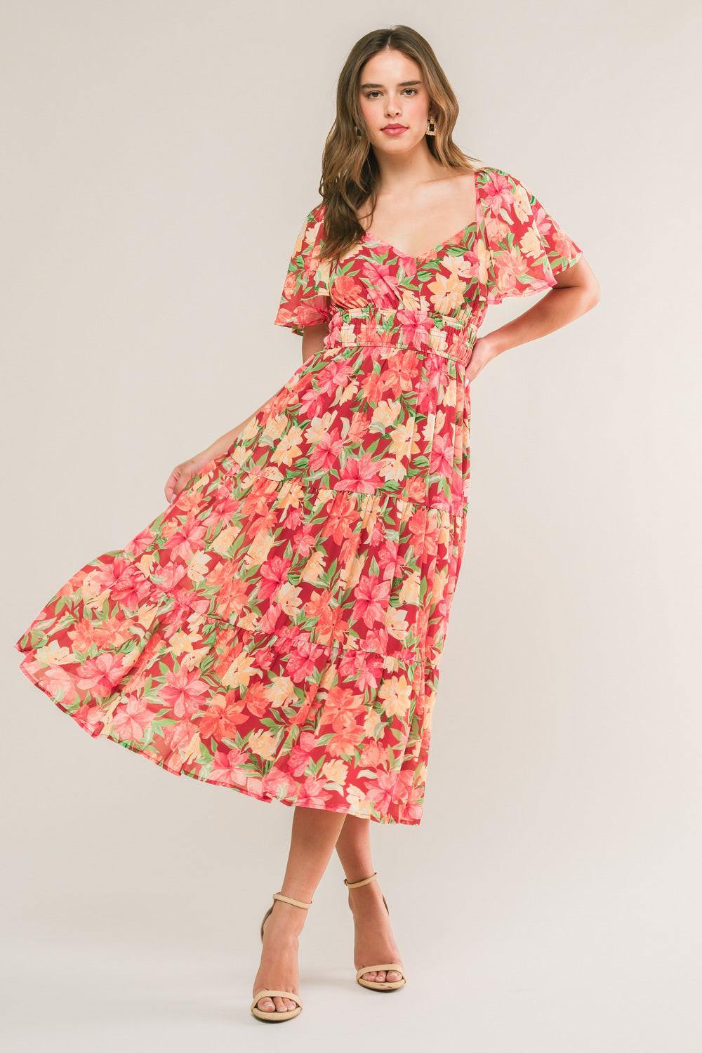 LOVE IS BLOOMING WOVEN MIDI DRESS.